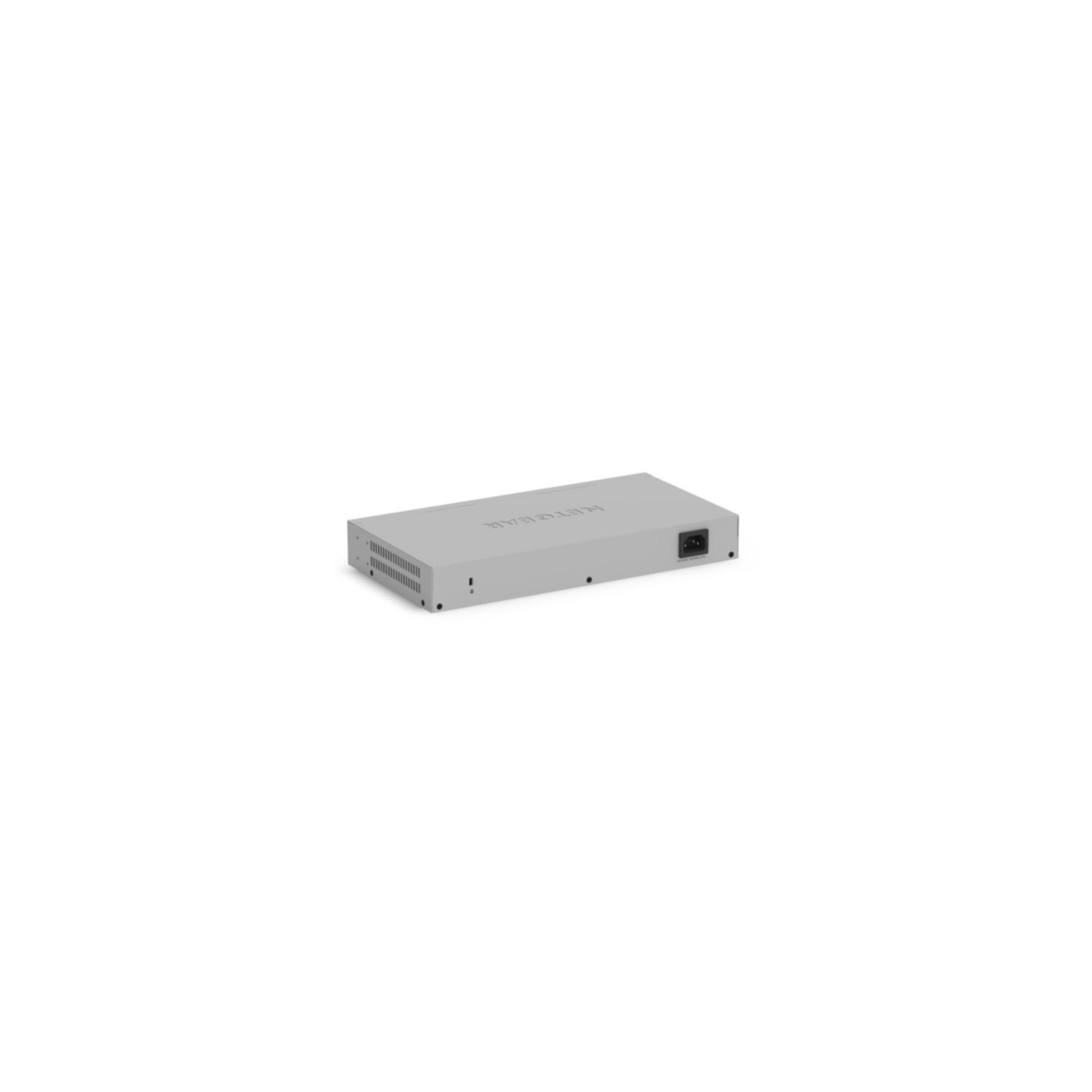 Un switch réseau Netgear gris sur fond blanc. Il possède des ports, une entrée d'alimentation et le logo Netgear.