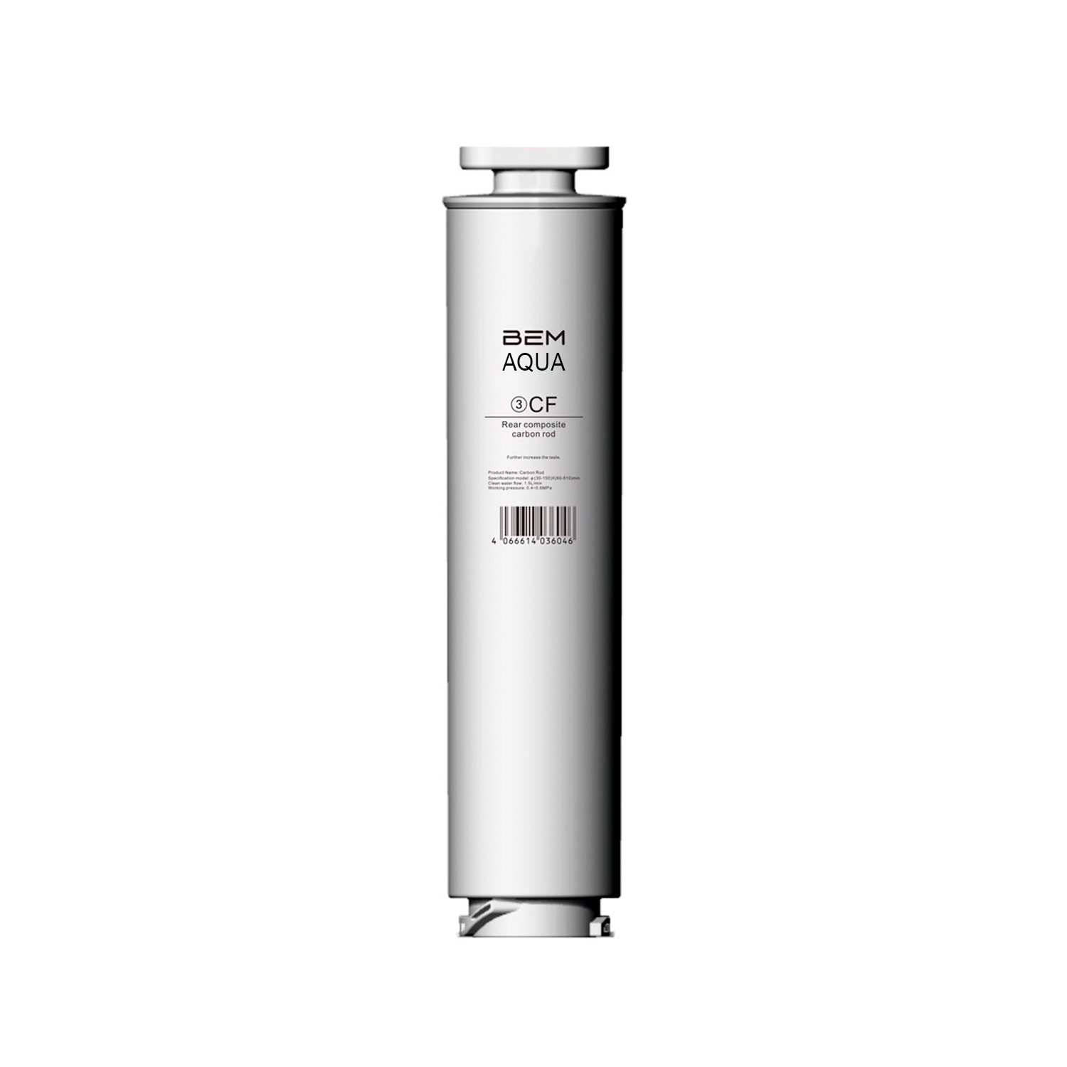 Eine weiße, zylindrische Wasserfilterpatrone. Sie trägt den Markennamen BEM AQUA und das Modell 3 CF. Der Hintergrund ist weiß.