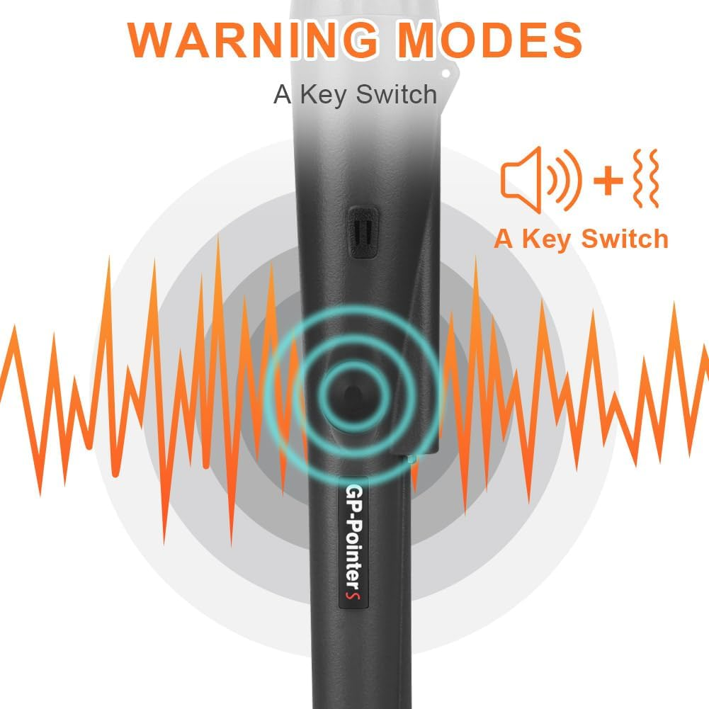Das Bild zeigt einen Metalldetektor mit dem Text 'WARNING MODES'. Orangefarbene Schallwellen gehen vom Zentrum aus. Ein Lautsprechersymbol ist vorhanden.