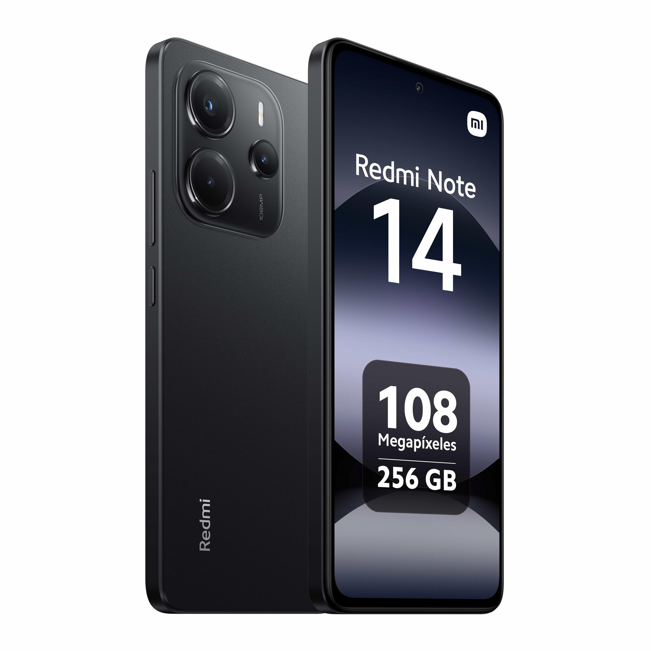 Teléfono inteligente Redmi Note 14 negro con la pantalla encendida, mostrando el nombre del teléfono y la cámara.