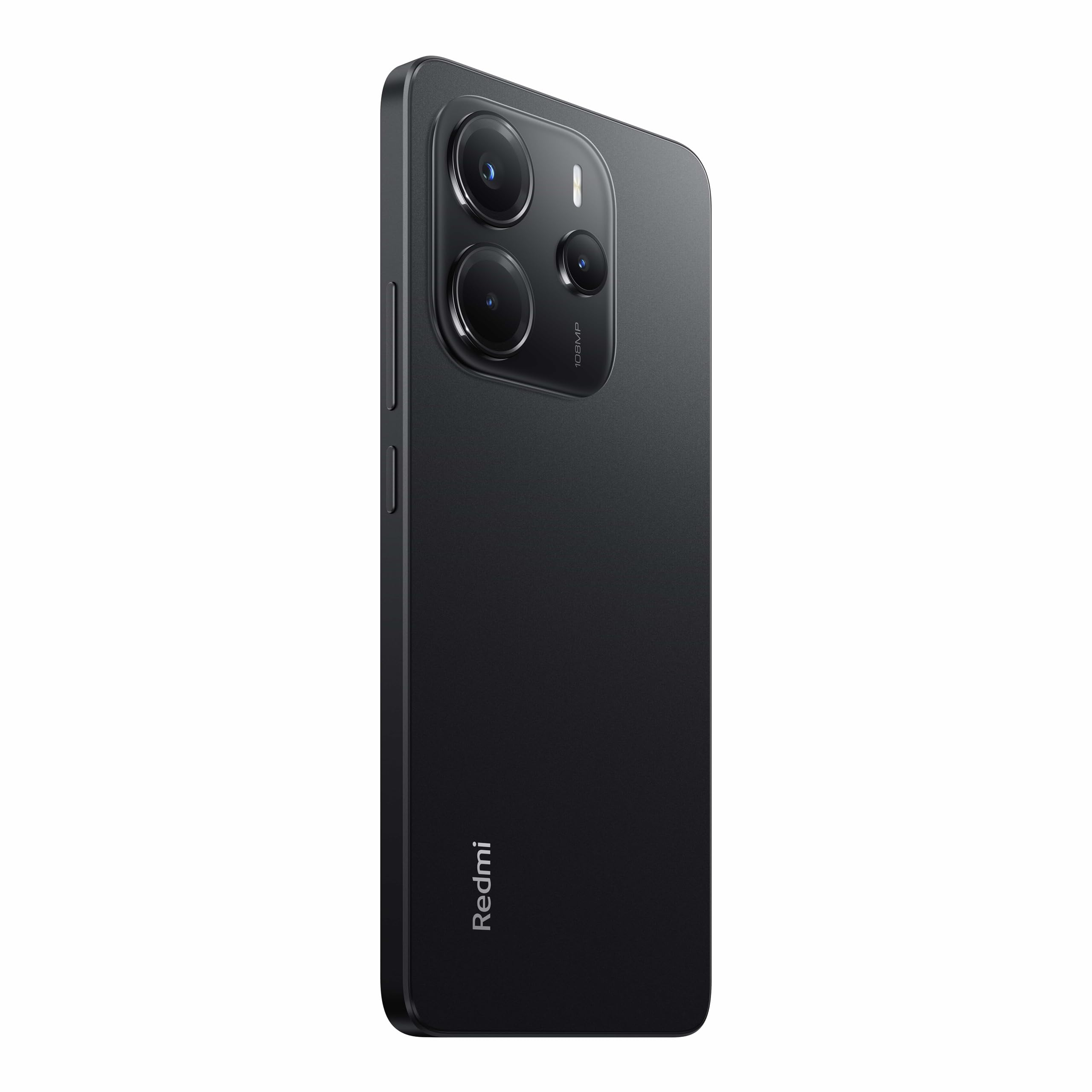 Teléfono inteligente negro sobre fondo blanco. Tiene tres cámaras en la parte trasera. La marca Redmi es visible.