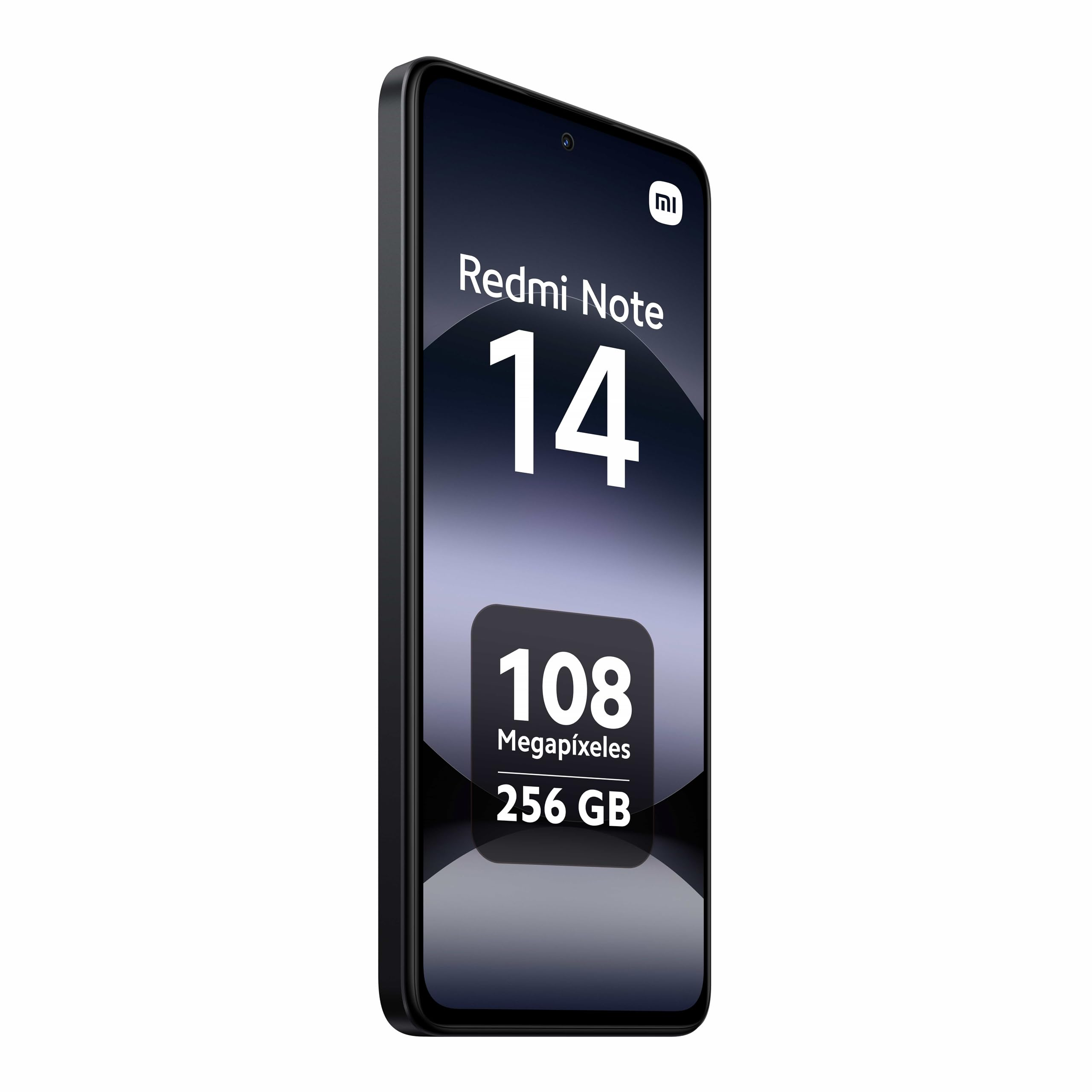 Smartphone con marco negro. La pantalla muestra Redmi Note 14, 108 megapíxeles y 256 GB. También se ve el logotipo de Xiaomi.