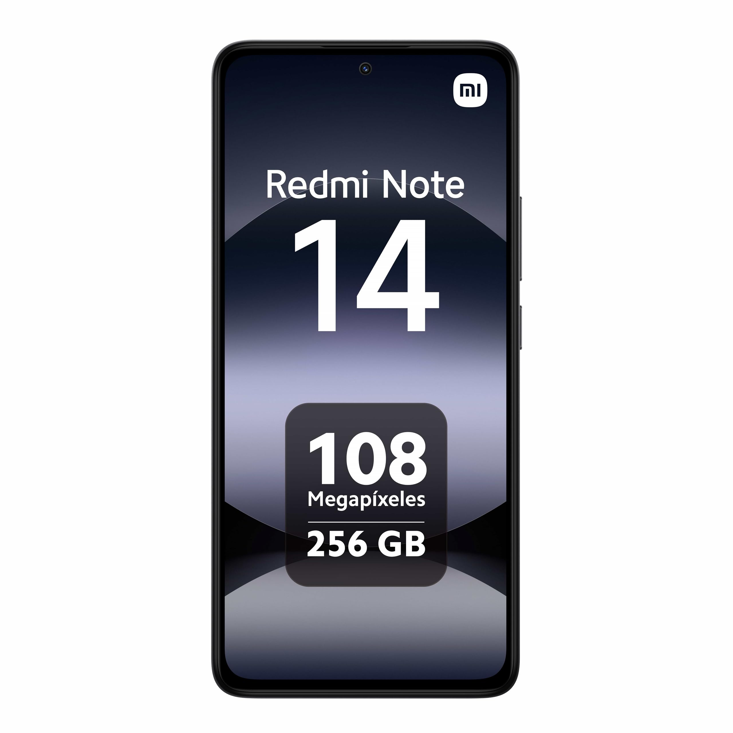 Smartphone negro con pantalla que muestra 'Redmi Note 14', '108 megapíxeles' y '256 GB' sobre fondo blanco.