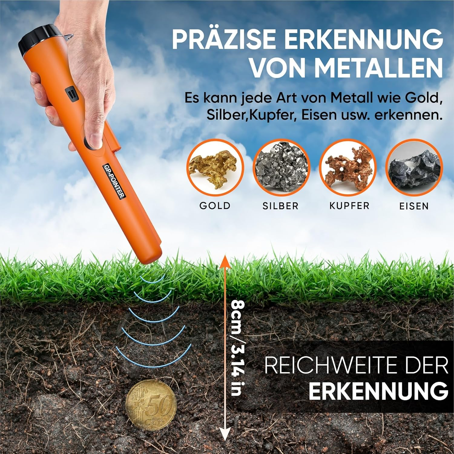 Ein orangefarbener Metalldetektor wird über dem Boden gehalten. Grafiken zeigen Gold, Silber, Kupfer und Eisen, mit einer Münze 8 cm tief vergraben.