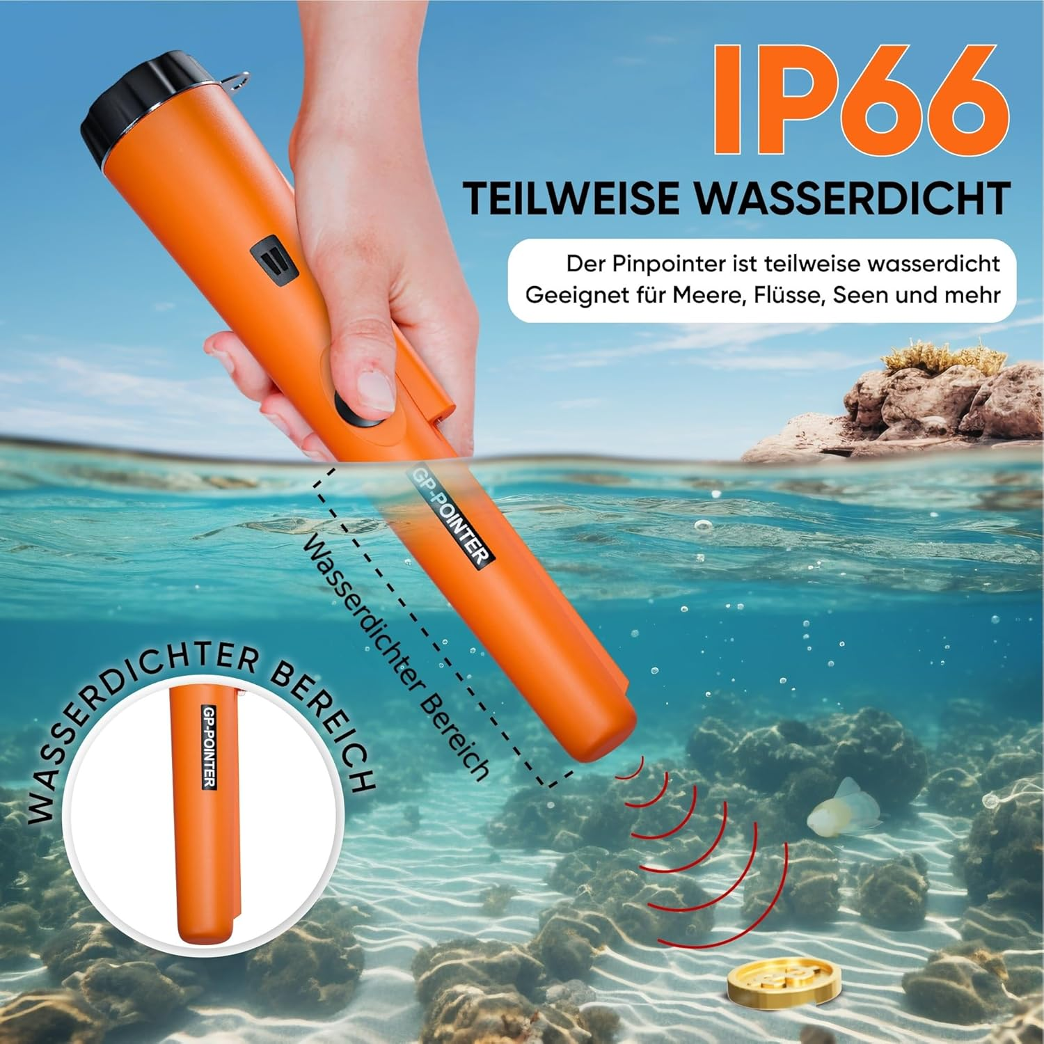 Ein orangefarbener Metalldetektor im Wasser, gehalten von einer Hand. Wellen zeigen die Detektion in der Nähe einer Goldmünze an.