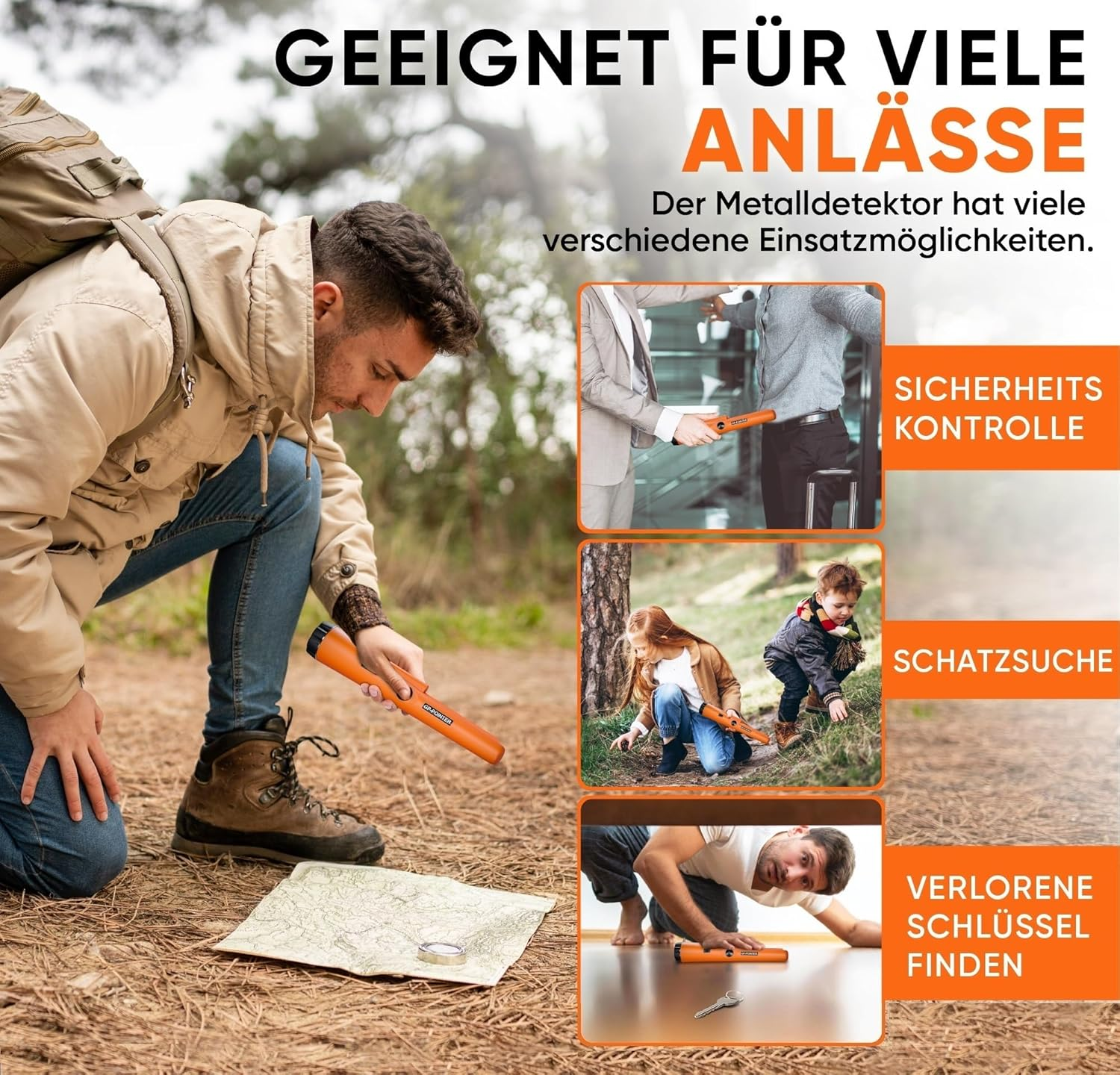 Ein Mann kniet mit Metalldetektor und Karte. Das Bild zeigt Anwendungen wie Sicherheitskontrolle, Schatzsuche und Schlüsselsuche.