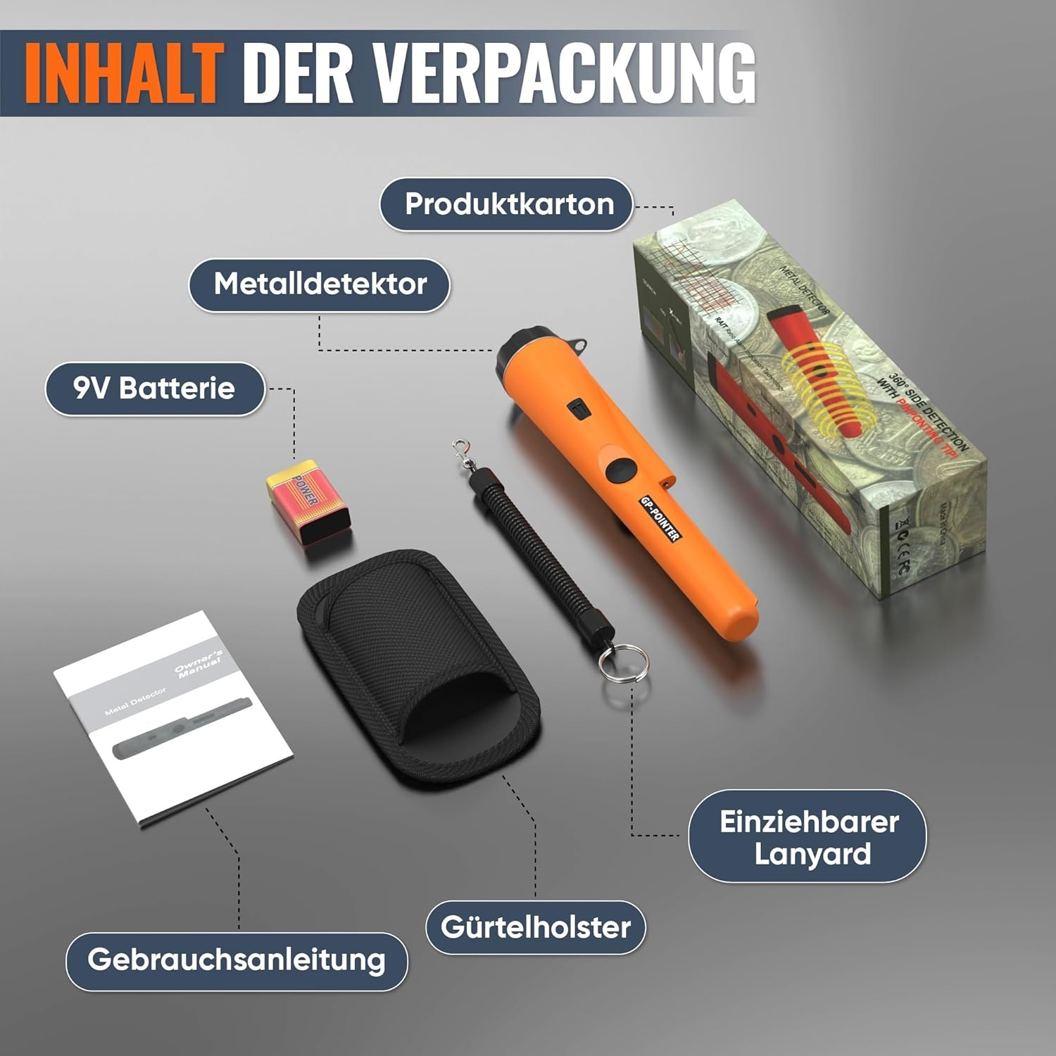 Ein orangefarbener Metalldetektor, eine Batterie, eine Halterung, ein Handbuch, ein Lanyard und eine Box werden auf einer Oberfläche angezeigt.