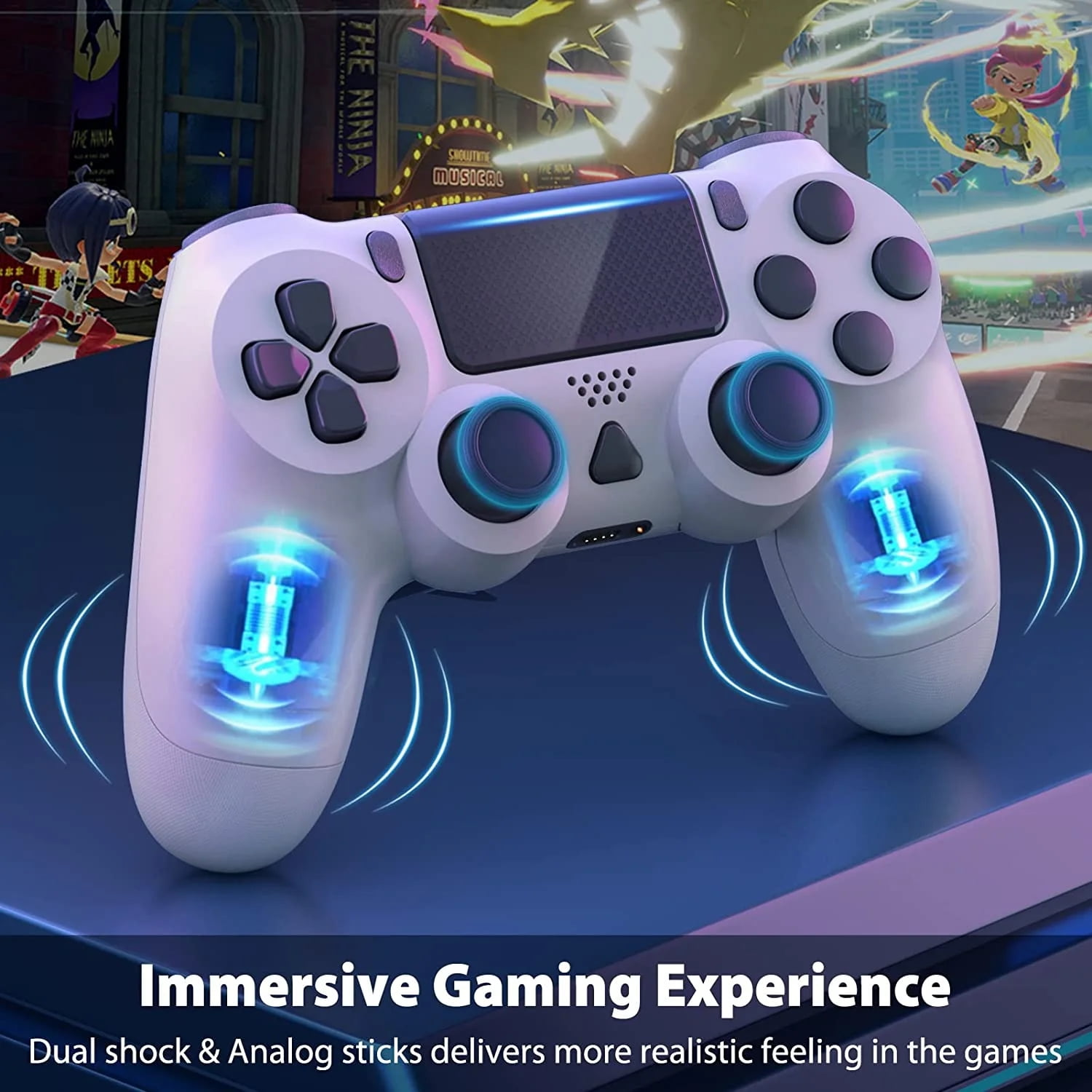 Weißer Game-Controller mit blau leuchtenden Lichtern. Im Hintergrund sind animierte Charaktere und der Text 'The Ninja Musical' sichtbar.