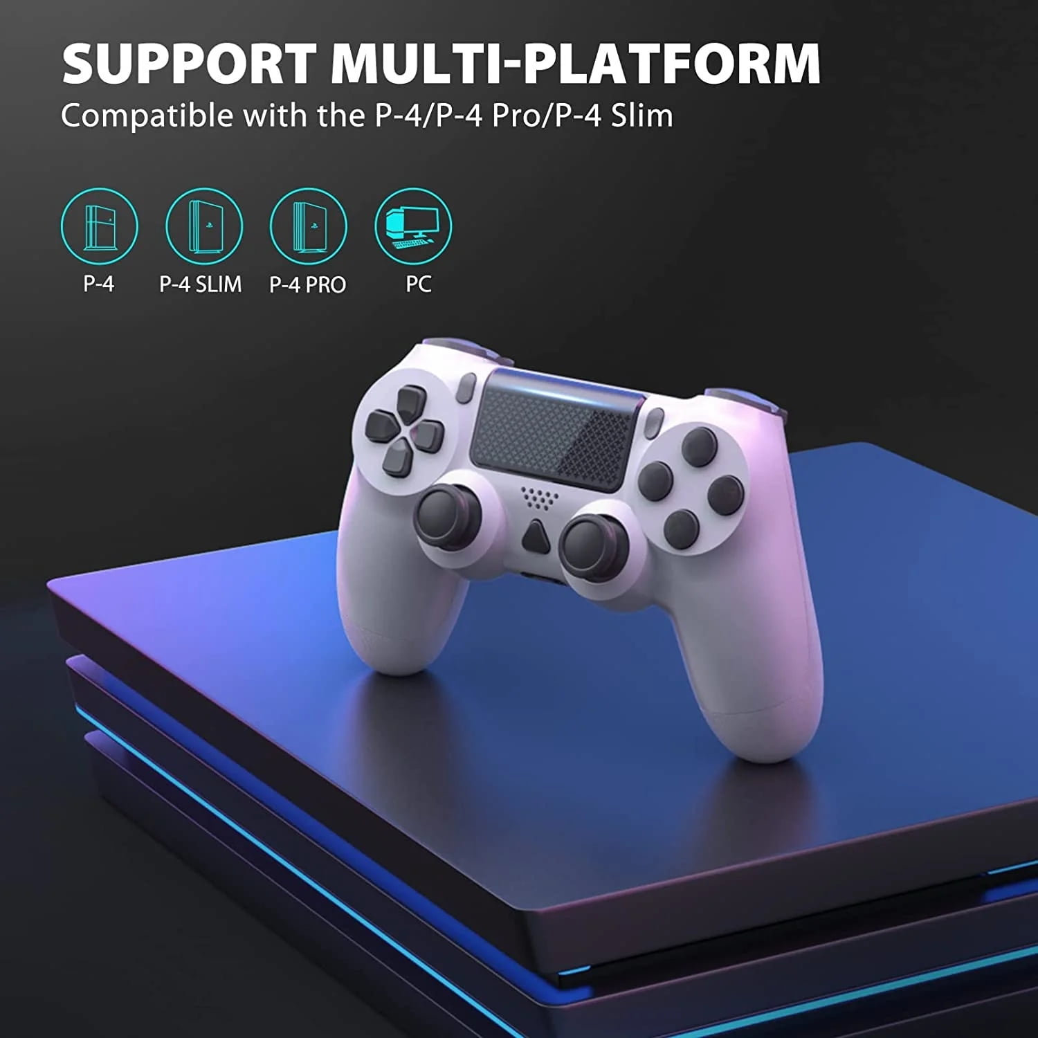 Ein weißer Gamecontroller auf einer schwarzen Konsole mit blauen Lichtakzenten. Oben steht "SUPPORT MULTI-PLATFORM".