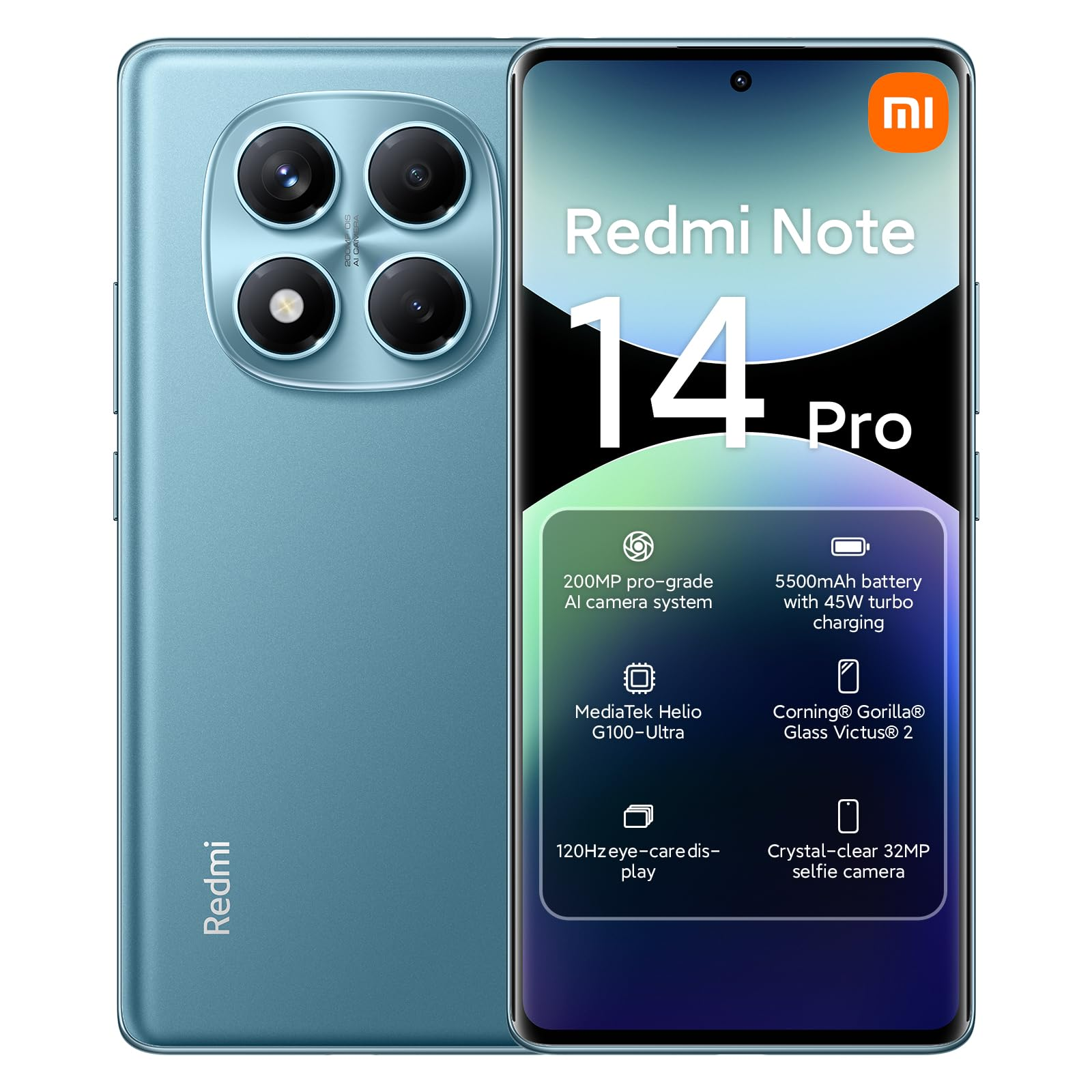 Blaues Redmi Note 14 Pro-Handy. Merkmale sind mehrere Kameras, 120-Hz-Display und 5500-mAh-Akku. Das Xiaomi-Logo ist sichtbar.