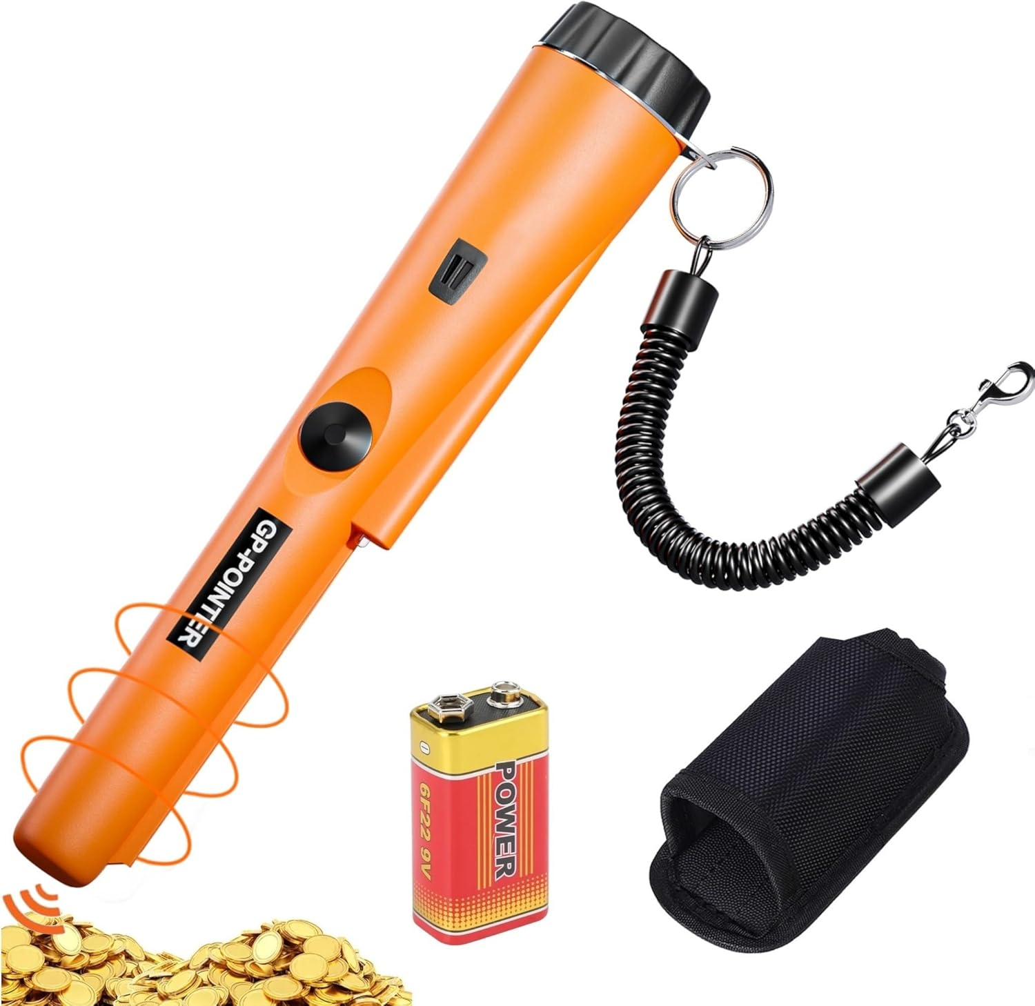 Ein orangefarbener Metalldetektor mit schwarzer Spule, Batterie und schwarzem Beutel. Im Hintergrund liegen goldene Münzen.
