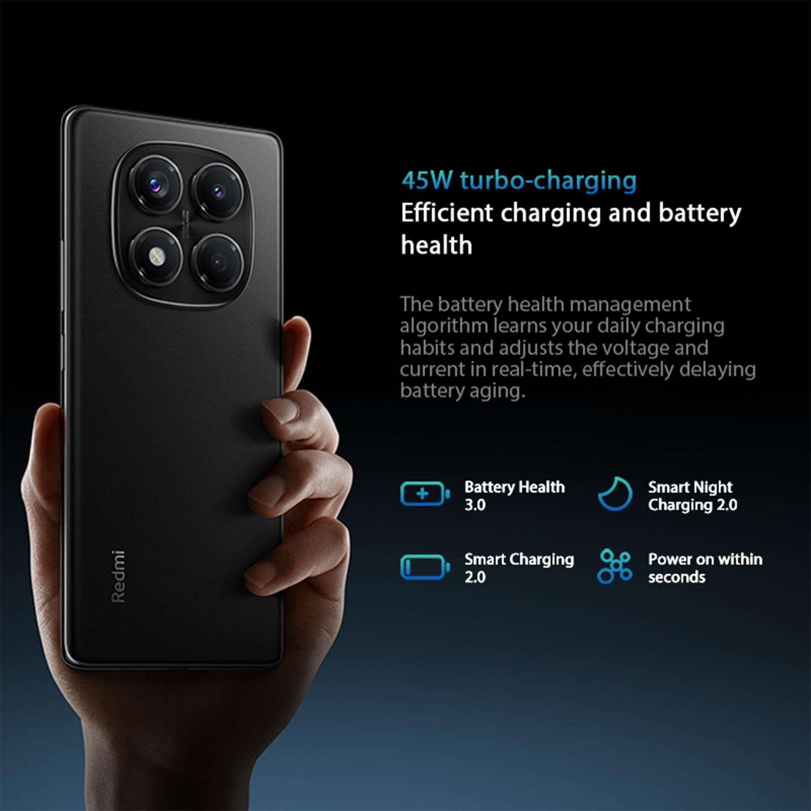Ein schwarzes Telefon wird gehalten. Es hat vier Kameras. Der Text erwähnt Schnellladen, Batteriezustand und intelligente Ladefunktionen.