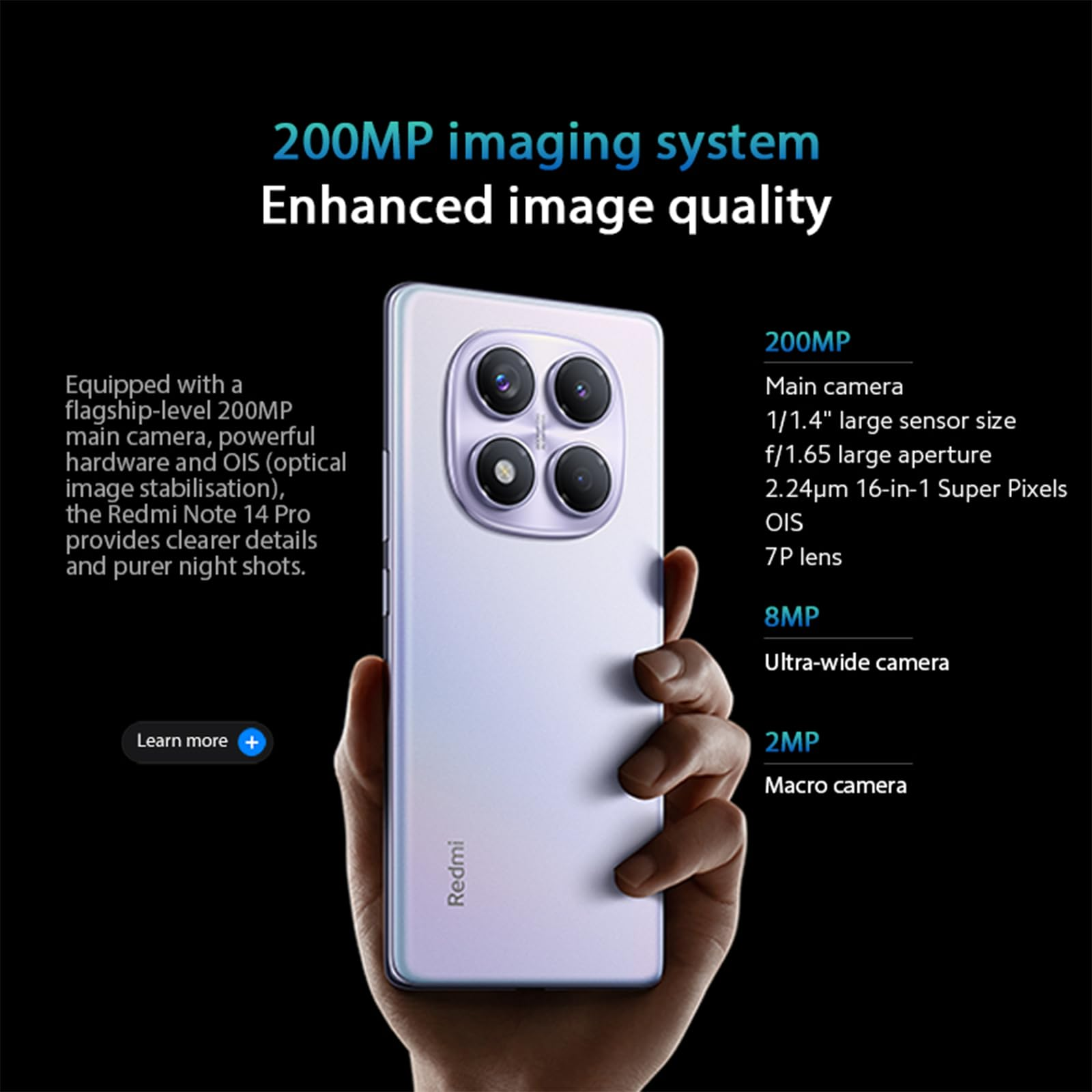 Eine Hand hält ein Redmi-Telefon mit Kamerasystem. Text beschreibt Funktionen des 200MP-Bildsystems.