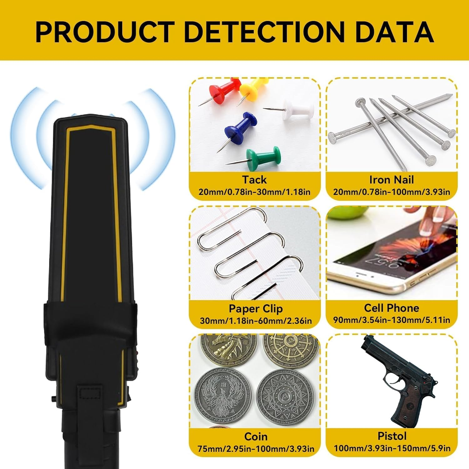 Ein Produktdatenbild, das einen Sicherheitsscanner, Reißnägel, Nägel, Büroklammern, ein Mobiltelefon, Münzen und eine Pistole zeigt.