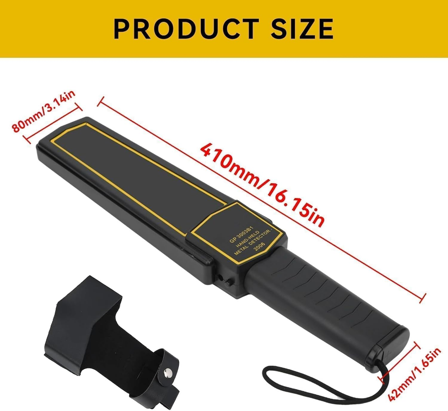 Ein schwarzer Metalldetektor mit Größenangaben. Es hat einen Griff und eine Tragetasche. Der Text 'PRODUCT SIZE' steht oben.