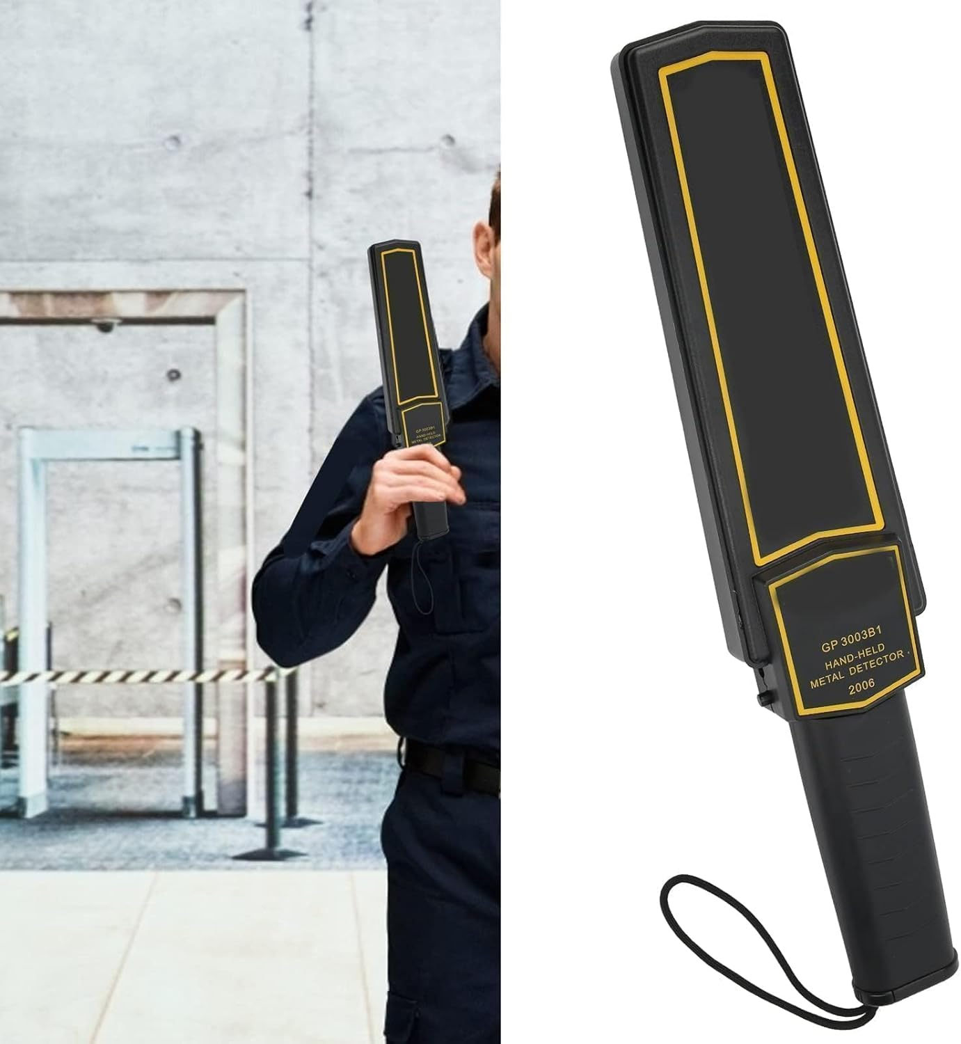 Eine Person in Uniform hält einen schwarz-goldenen Metalldetektor. Im Hintergrund ist ein Sicherheitstor zu sehen.