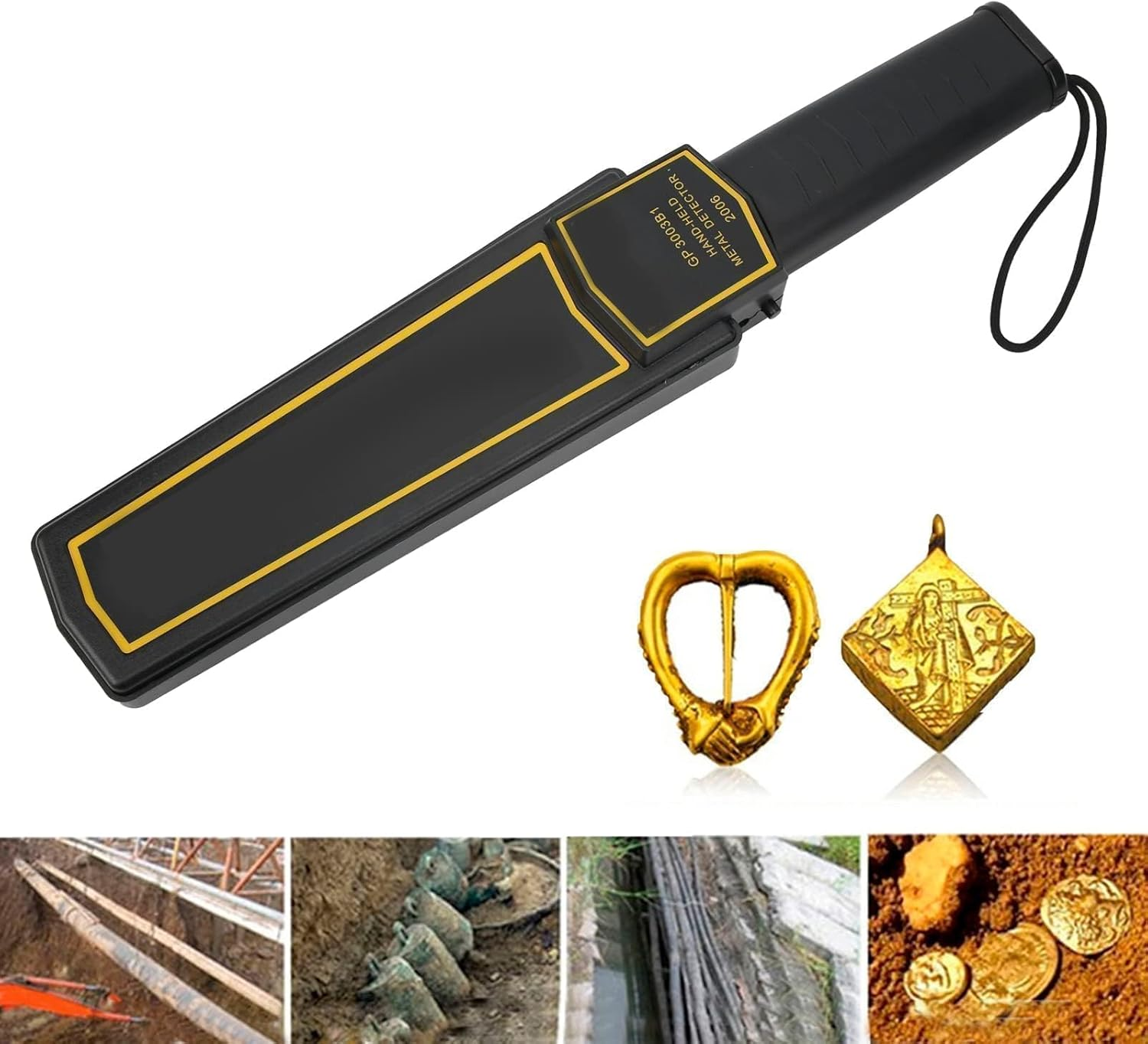 Ein schwarzer Metalldetektor mit goldfarbenem Rand, zwei goldene Artefakte und Bilder archäologischer Funde: Münzen, Artefakte und vergrabene Gegenstände.