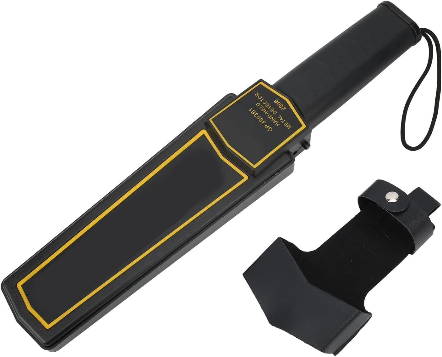 Ein schwarzer Handmetalldetektor mit gelber Kontur, schwarzem Griff und schwarzer Lederholster.