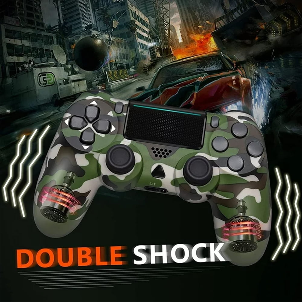 Tarnfarben PS4-Controller mit dem Text 'Double Shock'. Im Hintergrund eine Stadt mit Explosionen und Autounfällen.