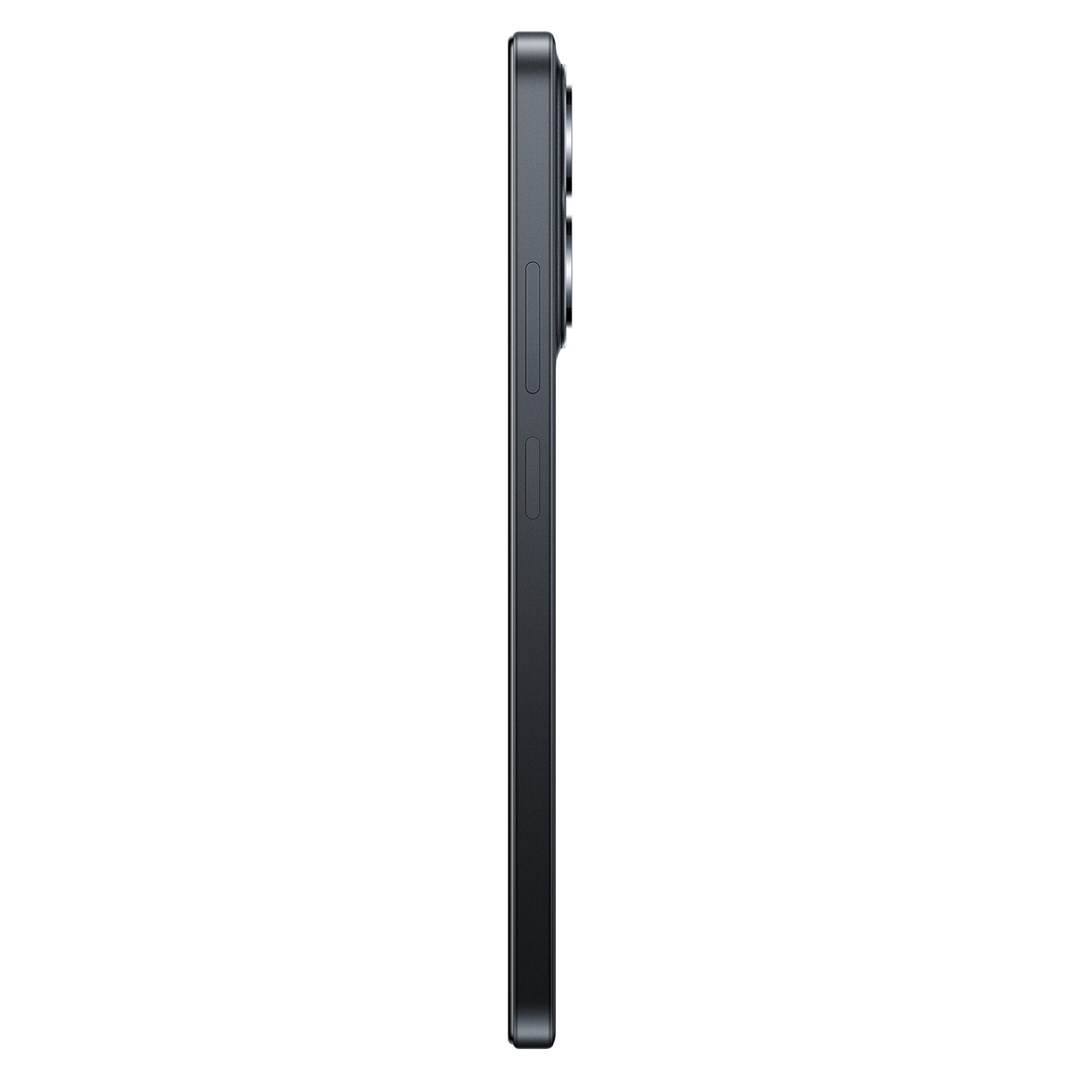 Zijaanzicht van een donkergrijze smartphone. Zichtbaar zijn de volume- en aan/uit-knoppen en de camera.