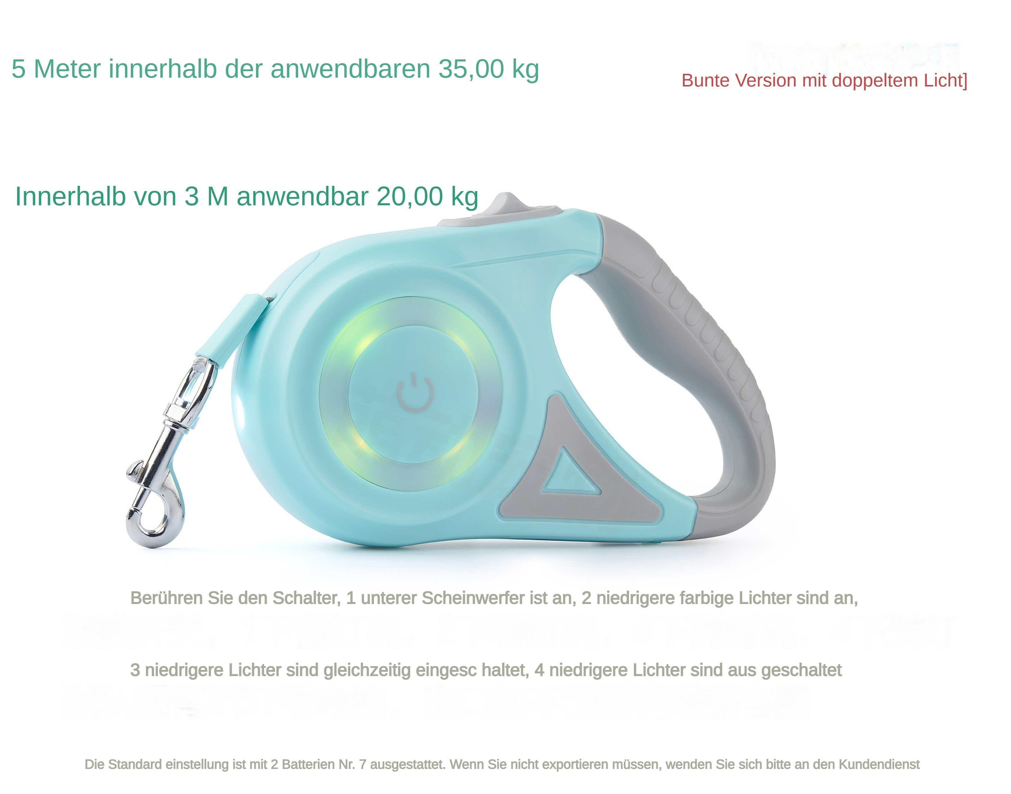 Eine einziehbare Hundeleine mit hellblauem Gehäuse, grauem Griff und Chromverschluss. Text ist auf Deutsch.