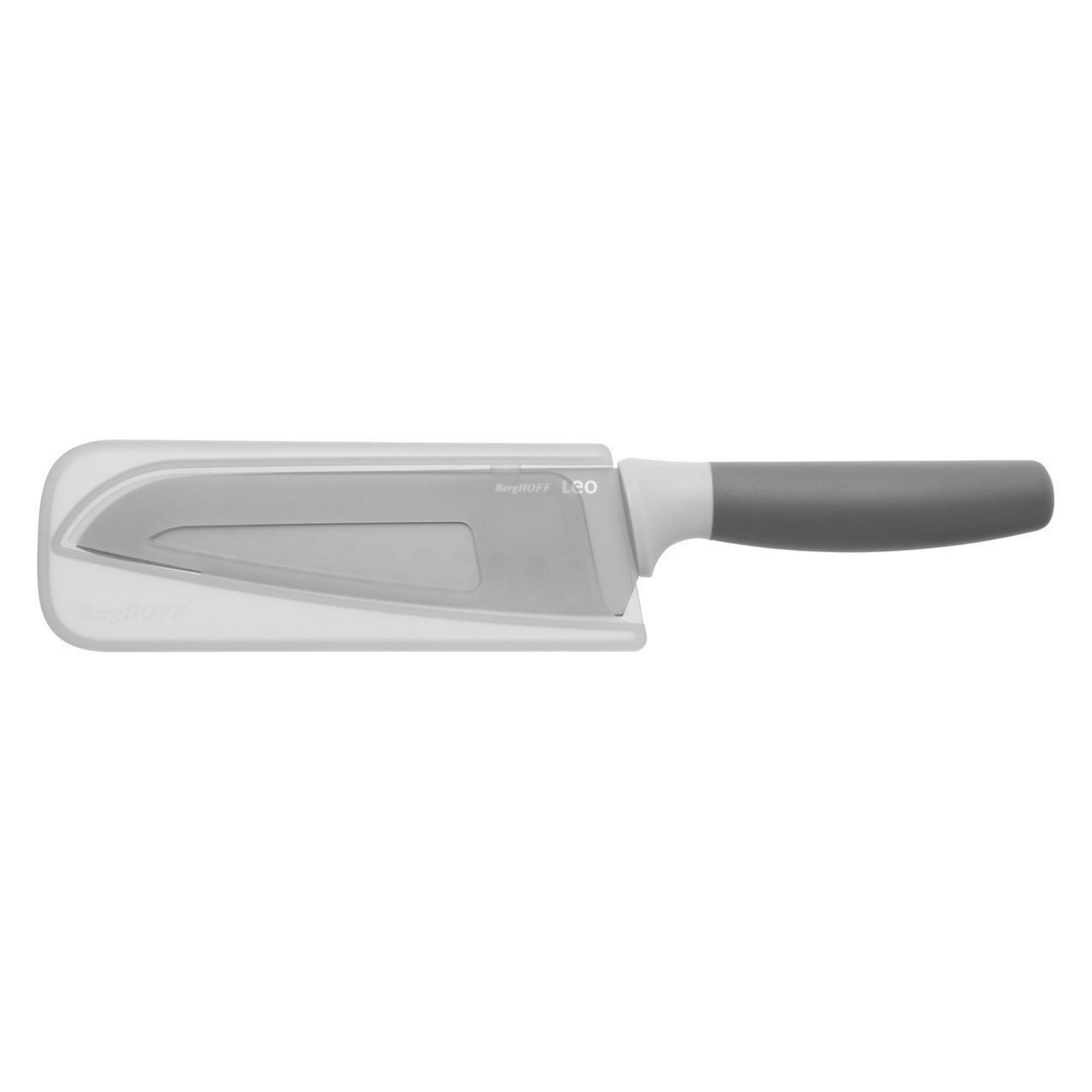 A silver knife with a gray handle and a white blade protector. The knife is on a white background.