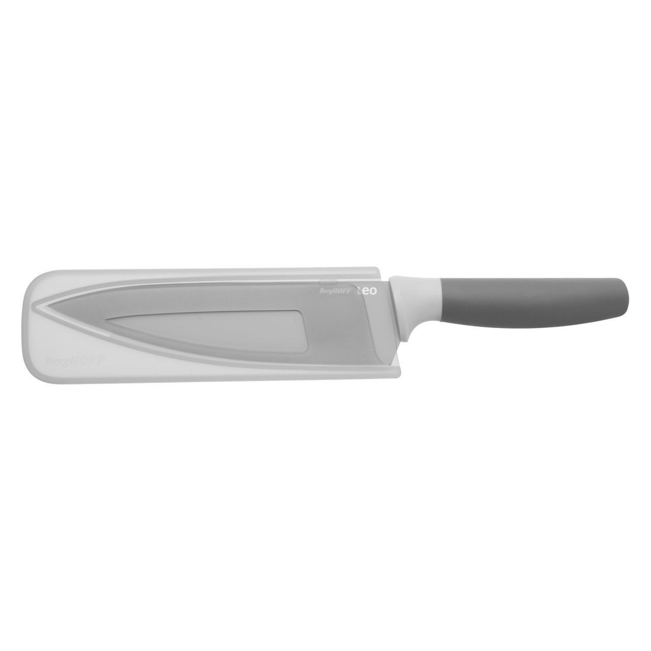 A gray knife with a gray handle and a white sheath. The knife is labeled BergHOFF Neo.