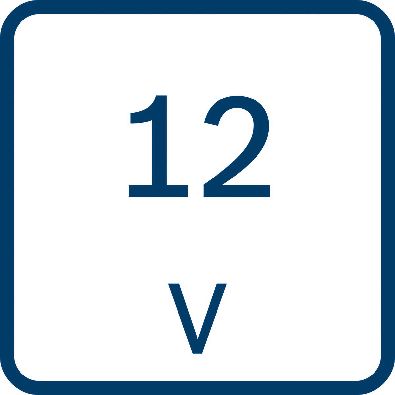 Un quadrato bianco con bordo blu scuro. All'interno, grandi numeri blu scuro '12' e una 'V' sotto, indicante 12 volt.