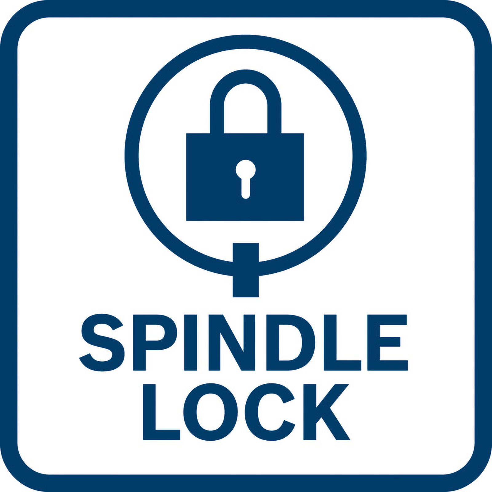 Segno blu e bianco con un simbolo di lucchetto all'interno di un cerchio e le parole SPINDLE LOCK sotto.