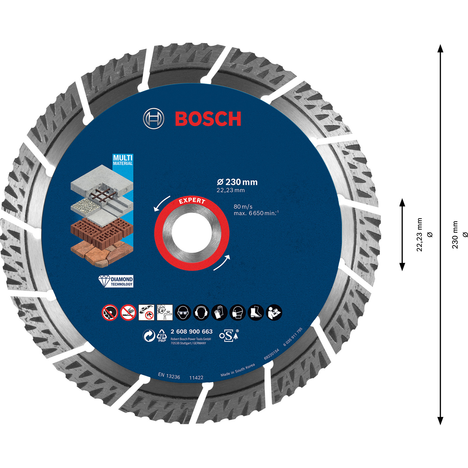 Bosch logosu olan dairesel bir testere bıçağı. Metin içeren mavi bir merkeze, kırmızı bir daireye ve tırtıklı bir dış kenara sahiptir.