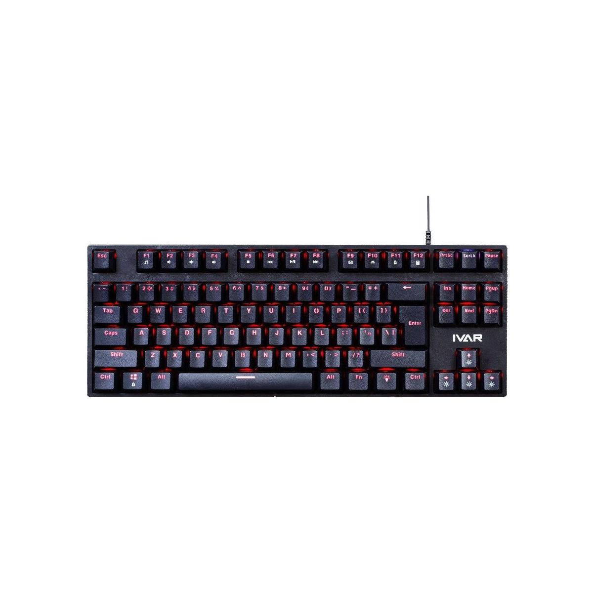 Eine schwarze mechanische Tastatur mit rot hinterleuchteten Tasten. Die Marke 'IVAR' ist sichtbar. Tasten umfassen Buchstaben, Zahlen und Funktionstasten.