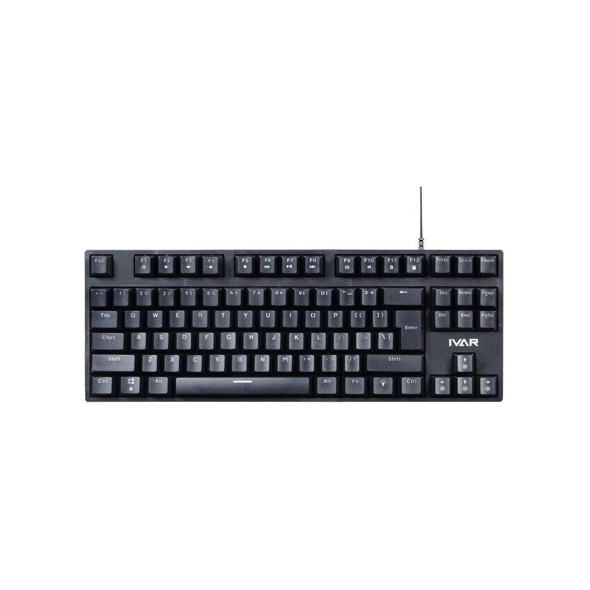 Eine schwarze mechanische IVAR-Tastatur mit weißen Tastenkappen. Sie hat Funktionstasten, alphanumerische Tasten und einen Ziffernblock. Ein Kabel ragt heraus.
