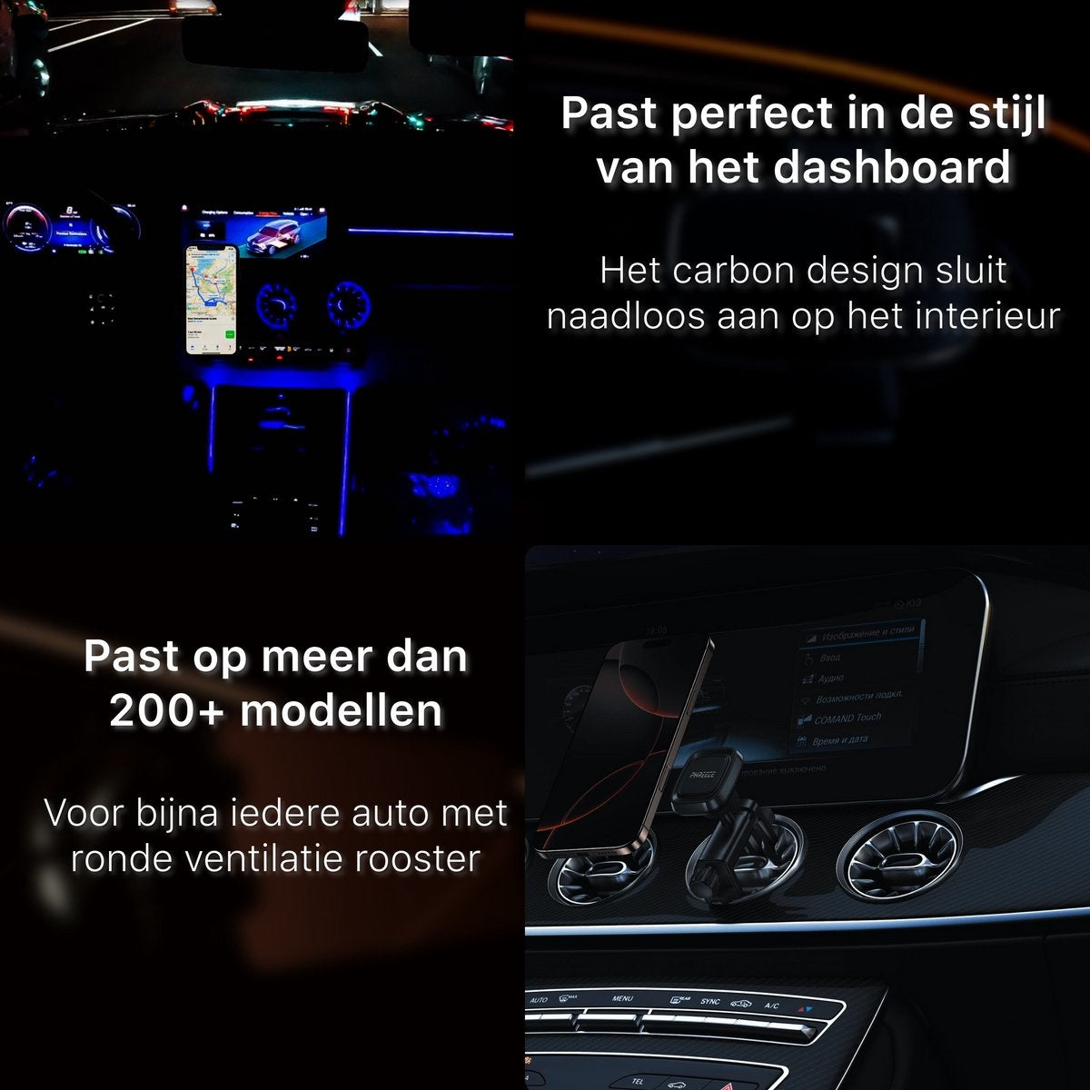 Auto dashboard met telefoonhouder. Tekst zegt 'Perfect', '200+ modellen', 'carbon design'.