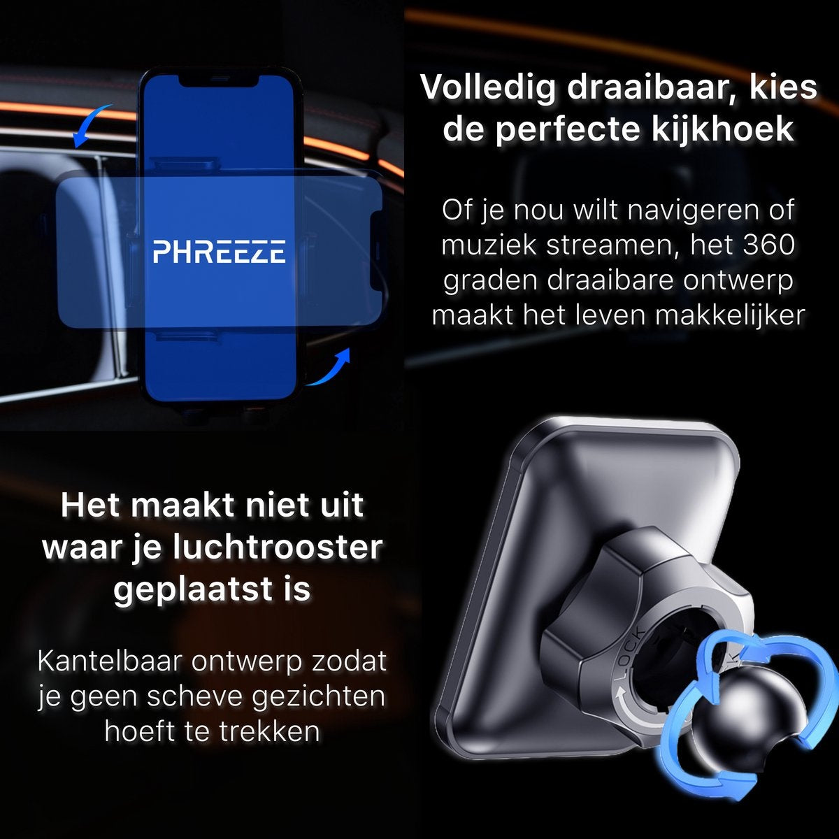 Telefoonhouder met 360 graden draaibaar ontwerp. Nederlandse teksten beschrijven de functies.