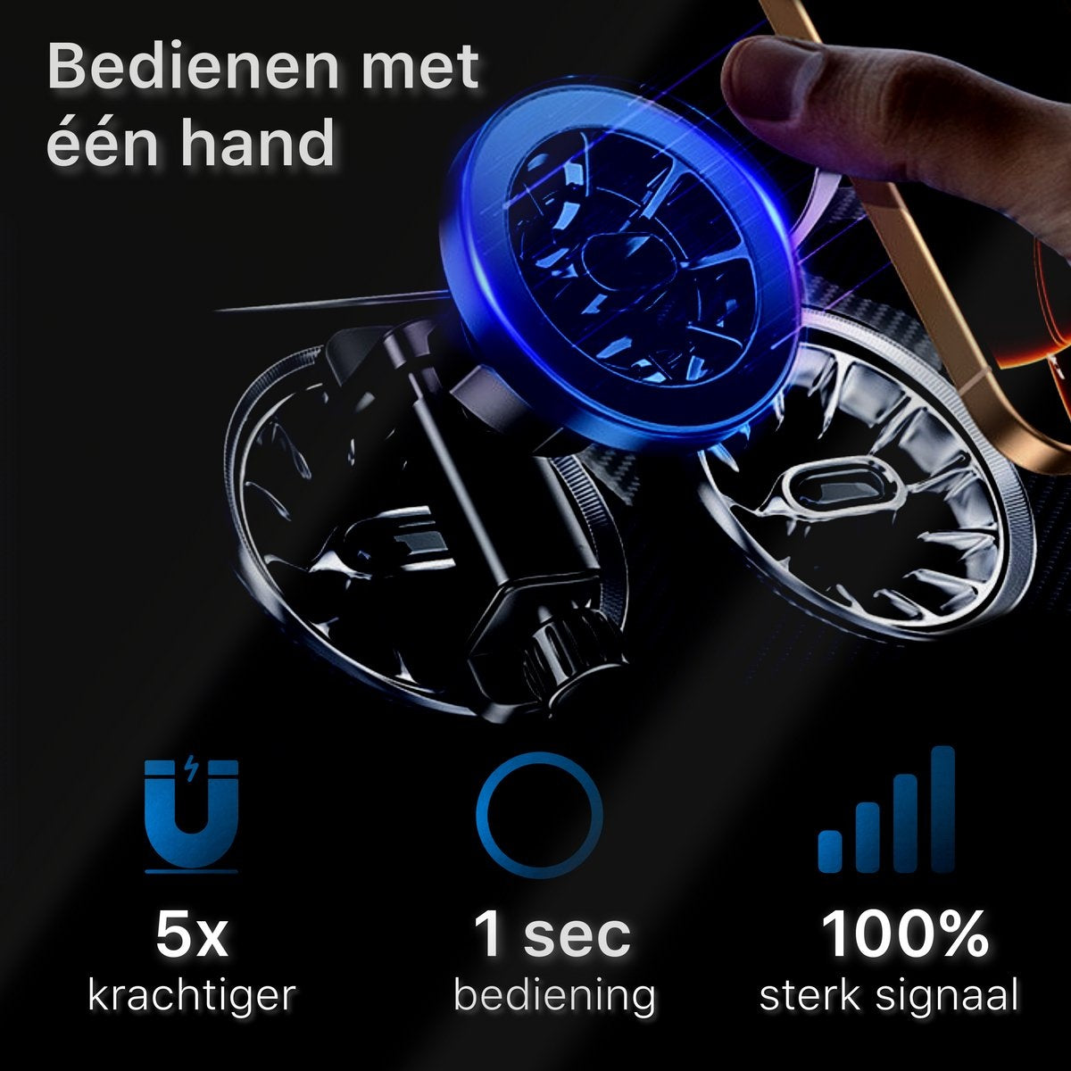 Een hand die een telefoon vasthoudt in de buurt van een autotelefoonhouder. Tekst luidt: 5x sterker, 1 sec. bediening, 100% sterk signaal.