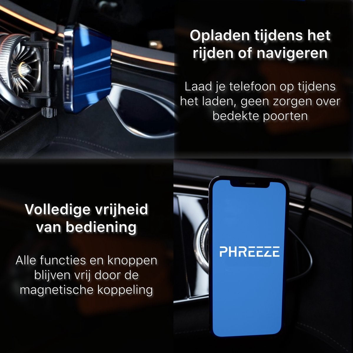 Een telefoon die in een auto wordt opgeladen, met tekst over opladen en magnetische koppeling. Een blauwe telefoon toont 'PHREEZE'.