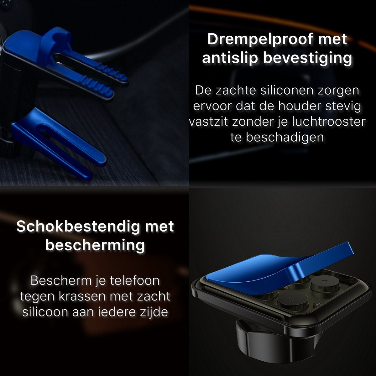 Afbeelding toont een blauwe autotelefoonhouder. Tekst benadrukt kenmerken: schokbestendigheid, antislip en zachte siliconen bescherming.