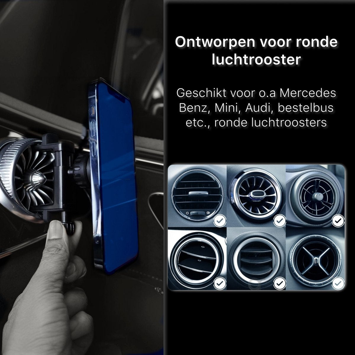 Een telefoon is gemonteerd in de ventilatie van een auto. De afbeelding toont de telefoon en een ventilatiehouder, met tekst over compatibiliteit.