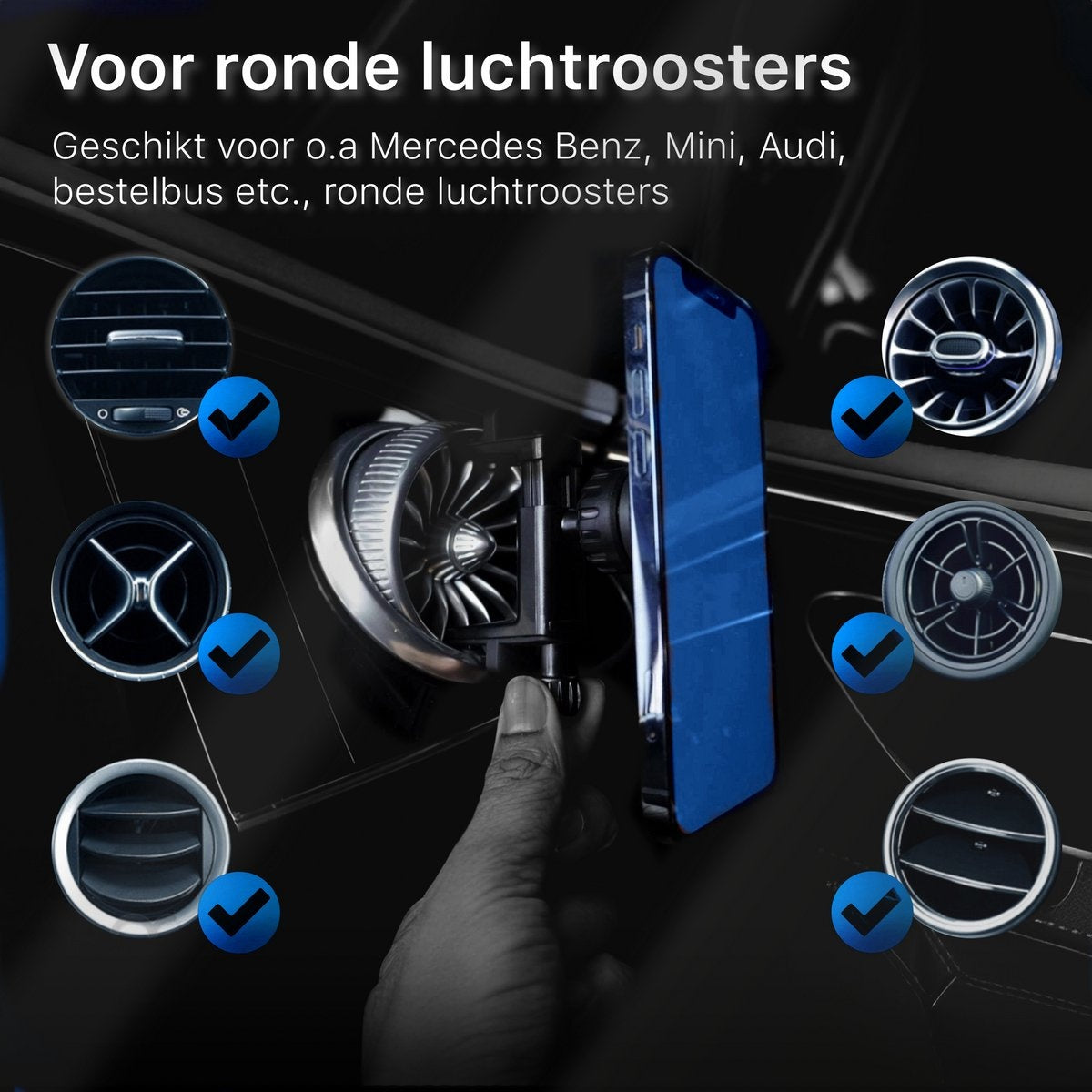 Afbeelding toont auto-luchtroosters, een telefoonhouder en tekst over compatibiliteit met Mercedes Benz, Mini en Audi-voertuigen.
