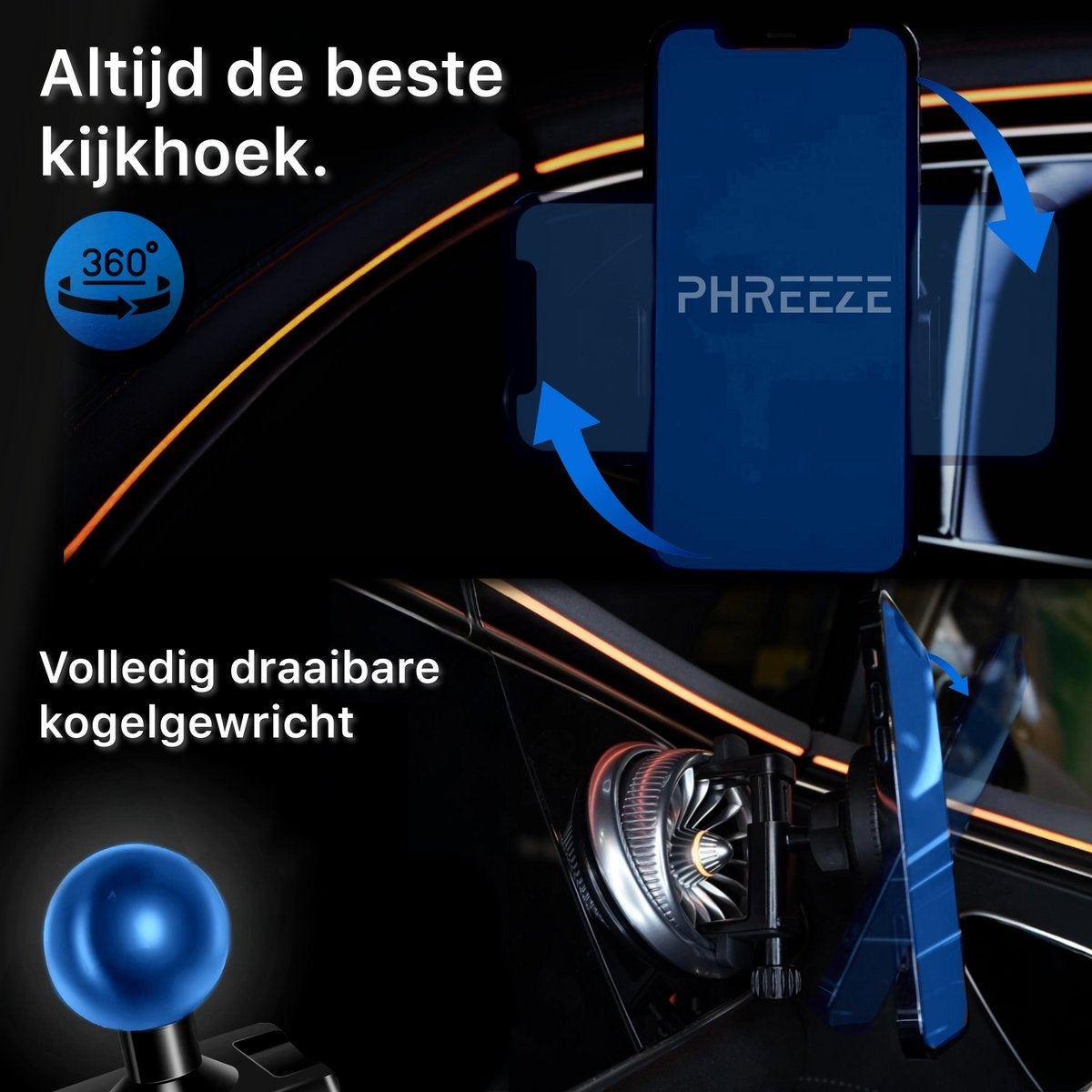 Een telefoon is in een auto gemonteerd met een 360 graden draaifunctie. De afbeelding toont een telefoonhouder met een blauwe telefoon.