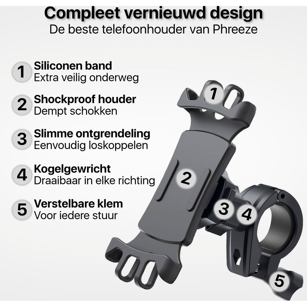 Een zwarte telefoonhouder met genummerde kenmerken: siliconen band, schokbestendige houder, slimme ontgrendeling, kogelgewricht en verstelbare klem.