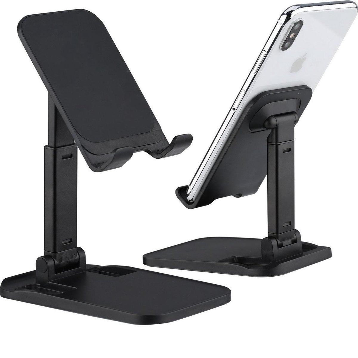 Twee zwarte telefoonstandaarden. Eén houdt een telefoon vast, de andere is leeg. Beide hebben verstelbare armen en rechthoekige bases.
