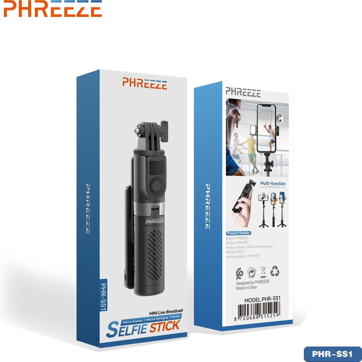 Two boxes of PHREEZE selfie stick. One shows the stick, the other shows its use. Texts in English and German.