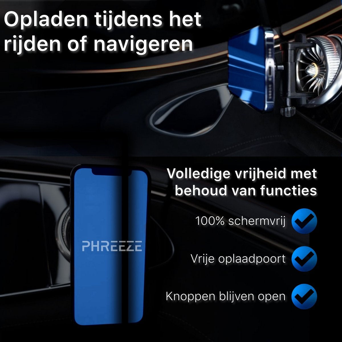 Afbeelding toont een telefoon met het PHREEZE-logo, gemonteerd in een auto. De tekst benadrukt functies zoals schermvrijheid en open poorten.