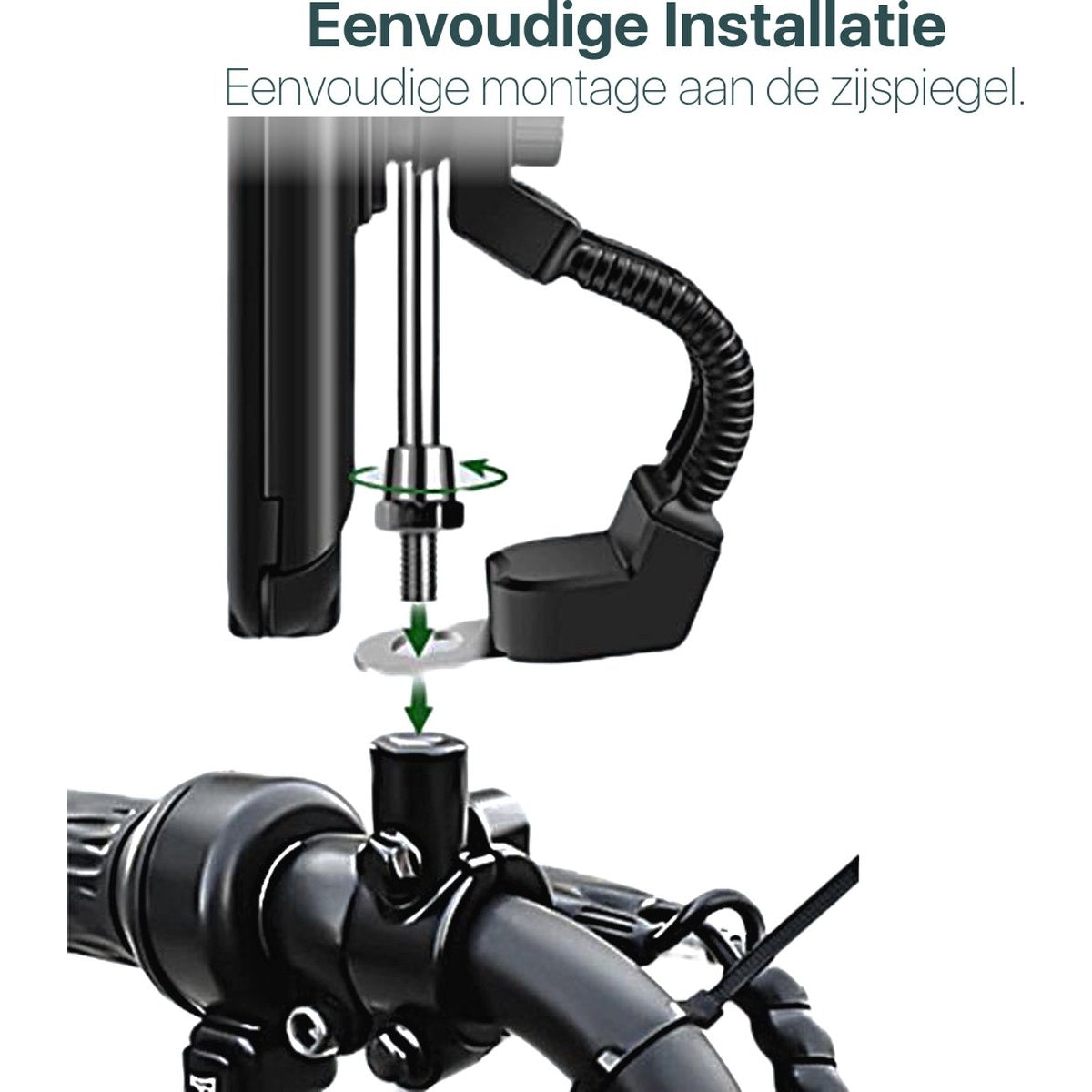 Assembly diagram. A phone holder is mounted on a handlebar with screws and a bracket. The text says easy installation.