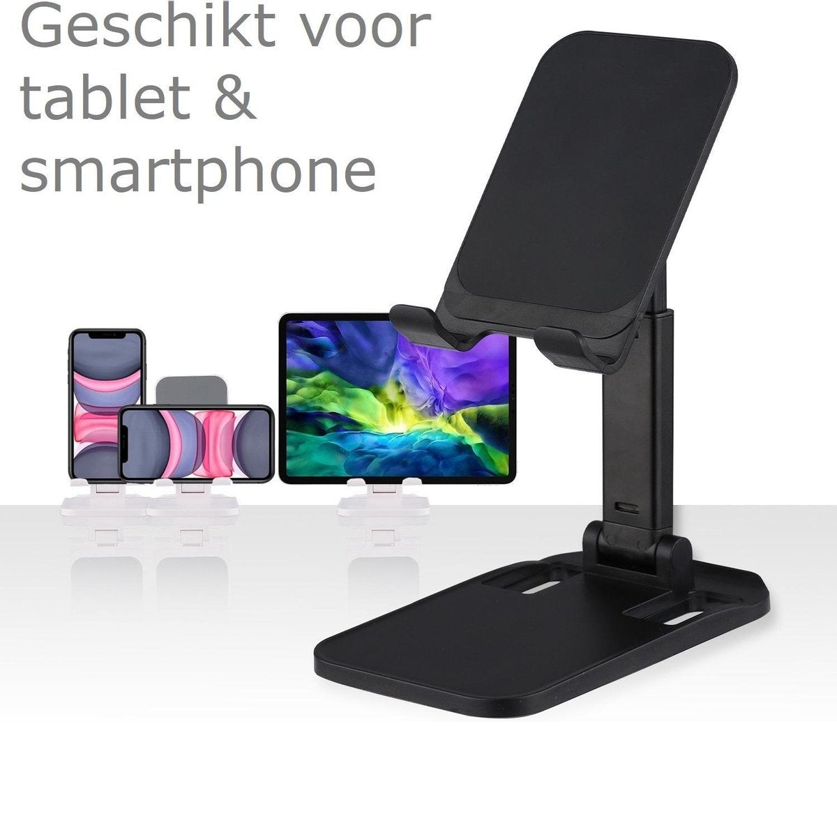 Een zwarte tablet- en smartphonehouder met drie apparaten. Tekst: 'Geschikt voor tablet & smartphone'.