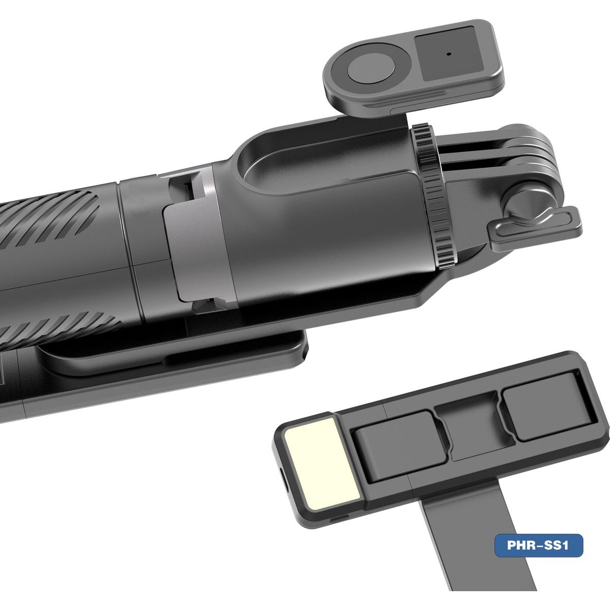 Black selfie stick with a detachable remote control and a small black component with slots. PHR-SS1 label is visible.