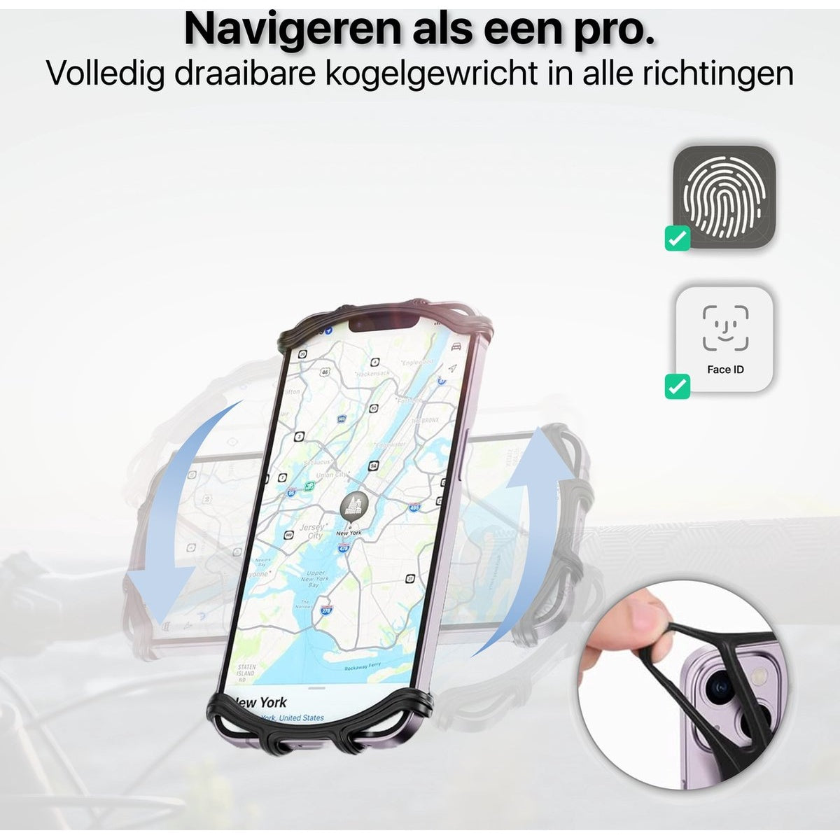 Een telefoon met een kaart wordt vastgehouden door een zwarte flexibele houder. Pictogrammen voor vingerafdruk- en Face ID-verificatie worden getoond.