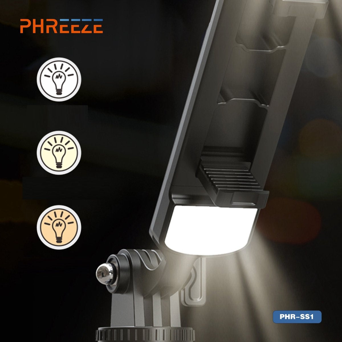 A black solar-powered light with a bright white panel. Light icons are shown above the light. The background is dark.