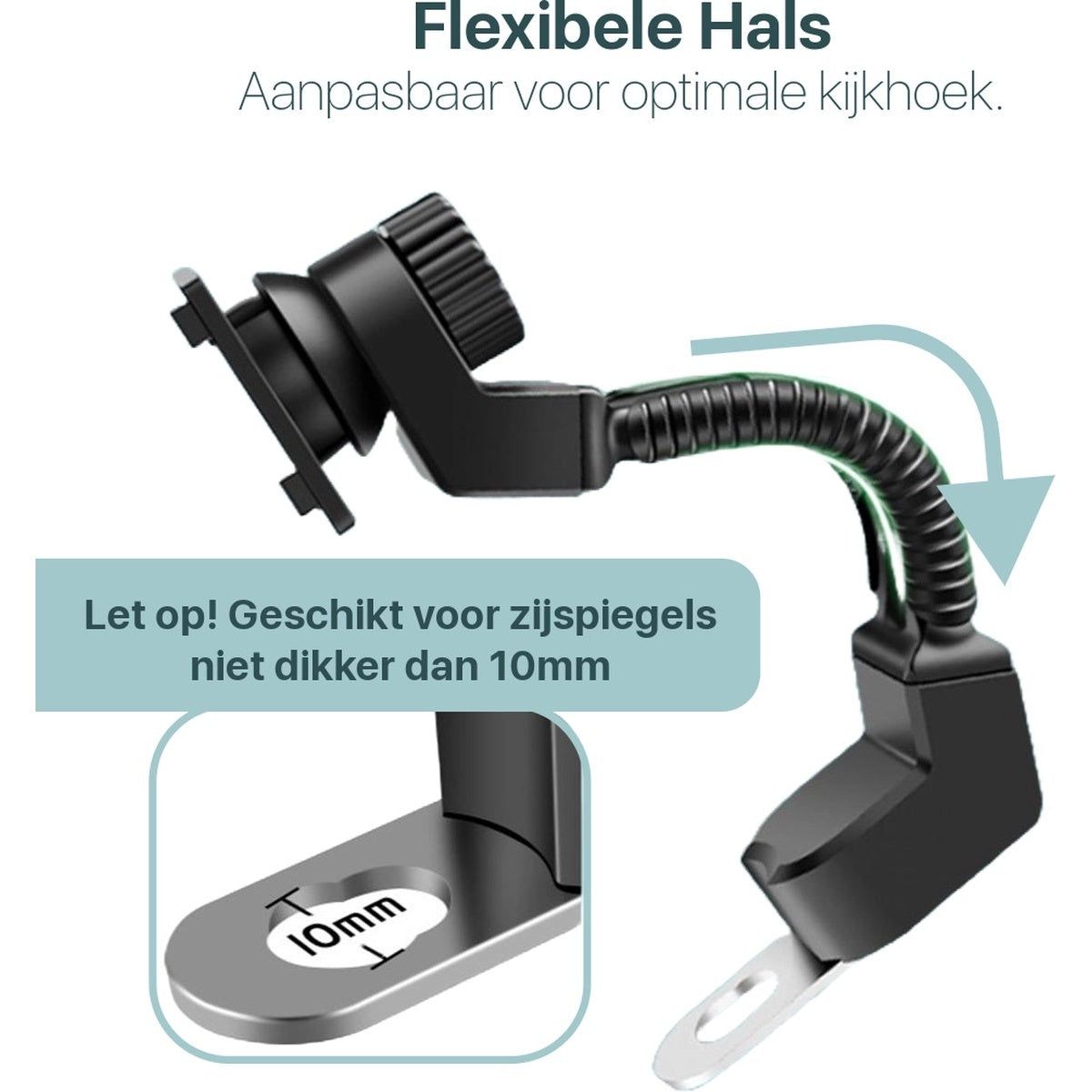 Black car mirror mount with a flexible neck, suitable for mirrors up to 10mm thick. Text reads: 'Flexible Neck, Adjustable for optimal viewing angle'.